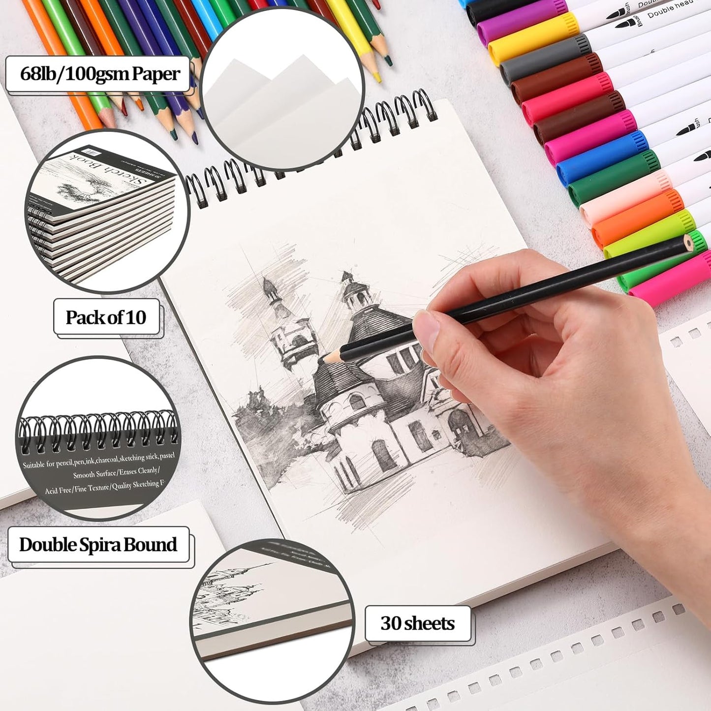 Jexine 40 Pcs 5.5'' x 8.5'' Top Spiral Bound Sketch Book 30 Sheet Each(68lb/100gsm), Sketching Drawing Pad Bulk Artist Sketch Pad Kids Drawing Paper Art Sketchbook for Painting (Tree)