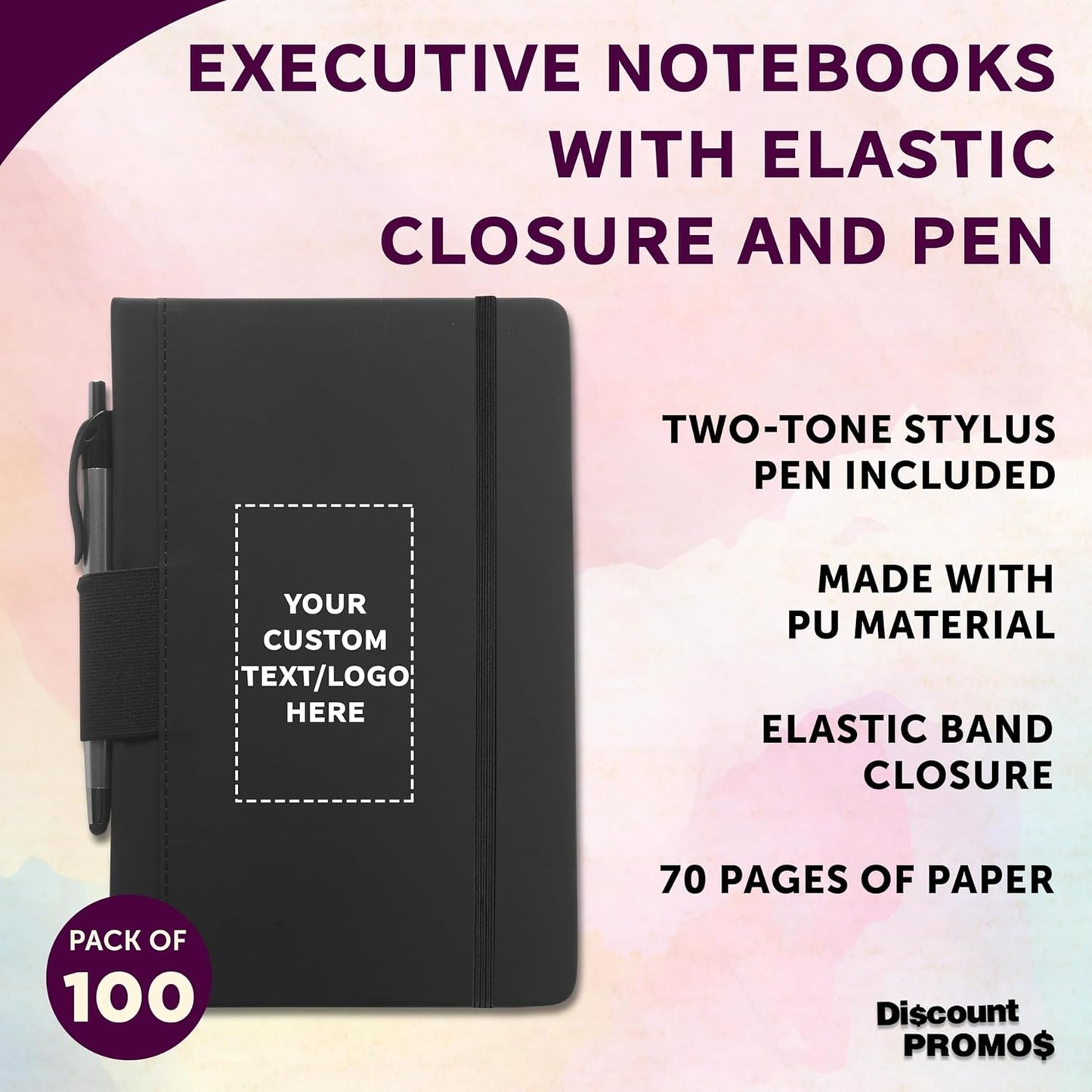 DISCOUNT PROMOS 100 Executive Notebooks with Pen Pack - Customizable Text, Logo - 6 x 8.5 inches, Recycled, Pen Loop, Closure Strap - Black