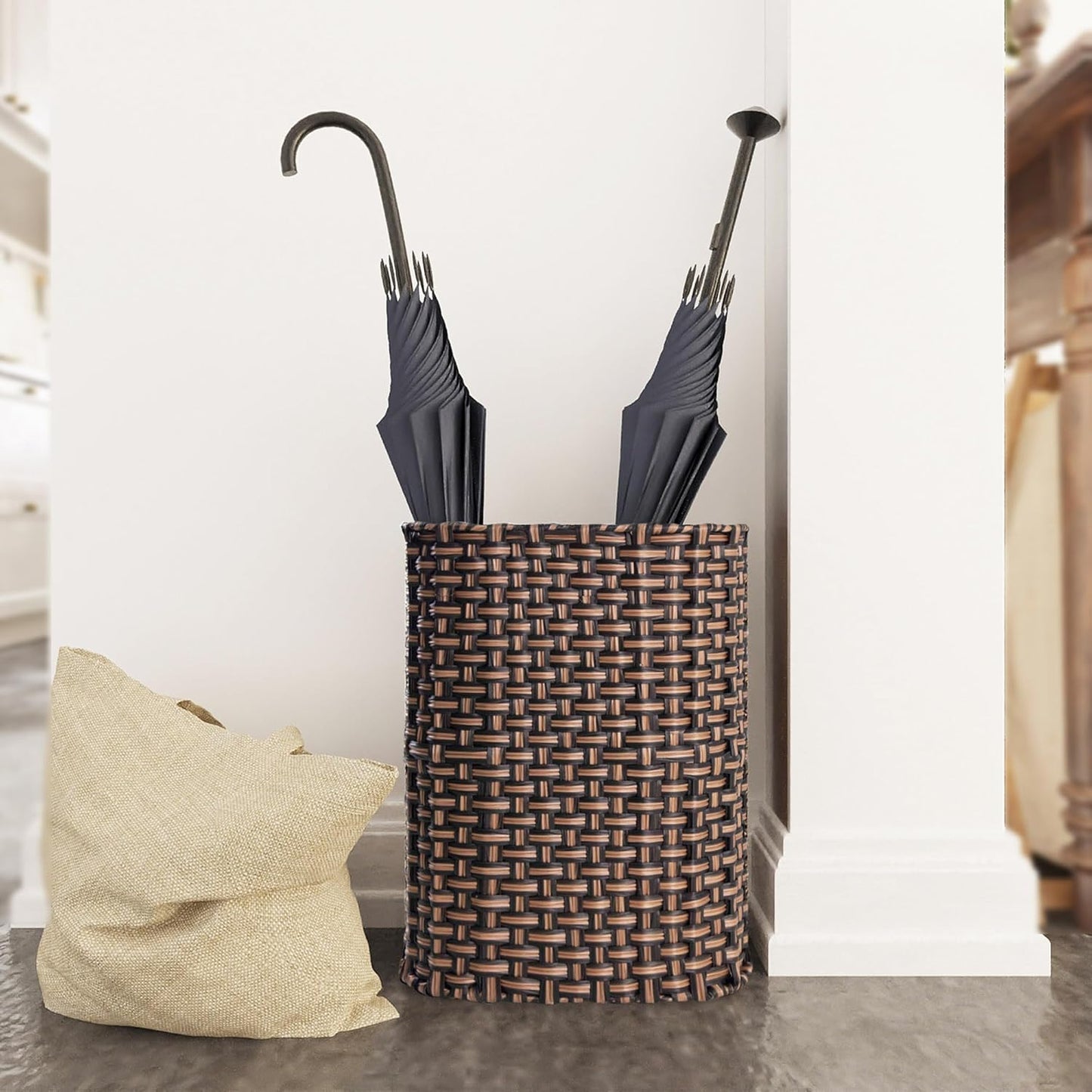 PEMAR Wicker Umbrella Holder Indoor Outdoor, Decorative Hand Woven Umbrella Stand Rack for Home, Entryway Rustic Farmhouse Multipurpose Narrow Tall Basket (Brown)