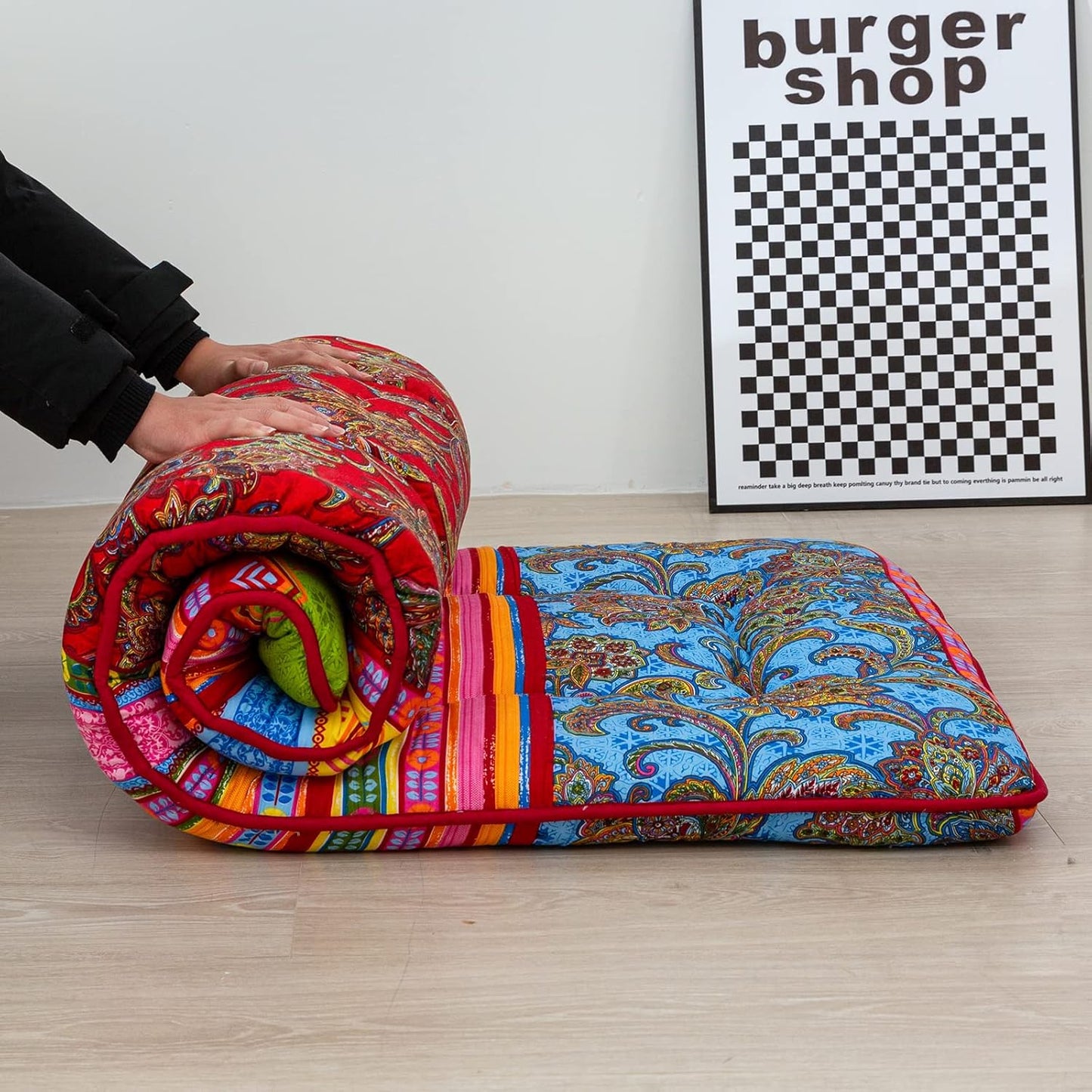 MAXYOYO Cot Mattress Bohemian Floor Bed, Japanese Floor Mattress Narrow Twin Futon Single Bed for Adults, Foldable Roll Up Camping Cot Mat