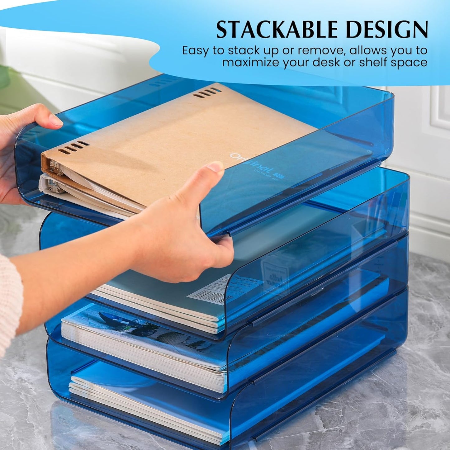 4 Pack Stackable Paper Tray Organizer File Organizer for Desk, Office Organizer and Storage for Desk Accessories, Notes, Books, File Paper, Document, Blue