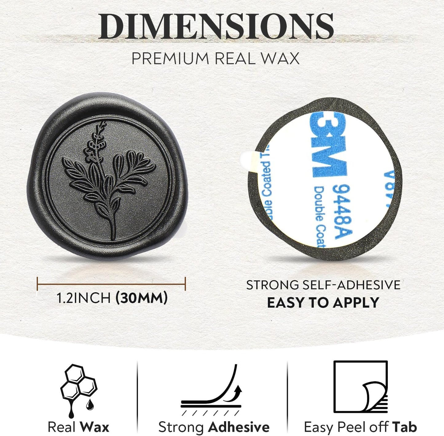 Black Wax Seal Stickers (60 Pcs, 3 Designs in 1 Pack) Premium Envelope Seal Stickers for Wedding Invitation Envelopes, Adhesive Wax Seals, Perfect for Seating Chart, Gift Wrapping