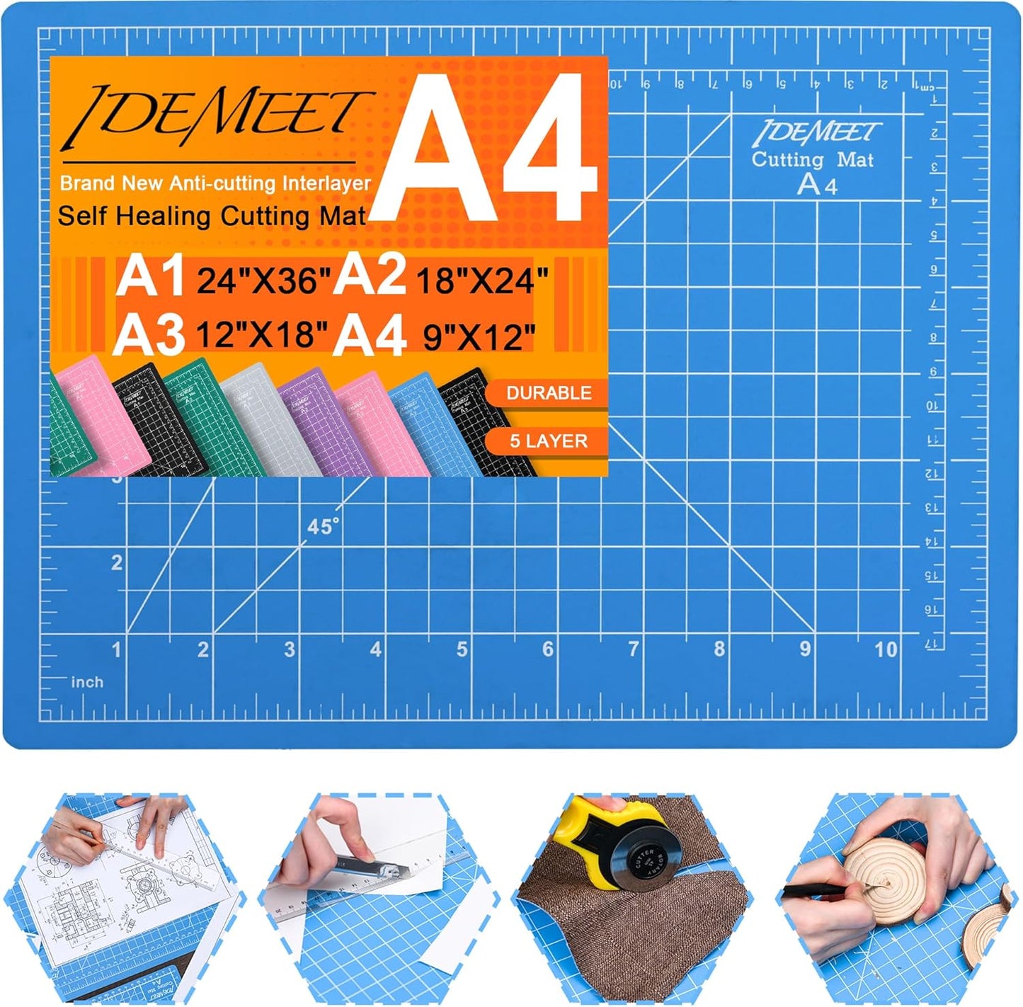 Density-upgraded 9"x12" Self Healing Cutting Mat, Idemeet Rotary Sewing Mat for Crafts, 5-Ply Blade Table Protector Cut Board for Fabric Leather Cutting Quilting Modeling Hobby Project, A4, Blue