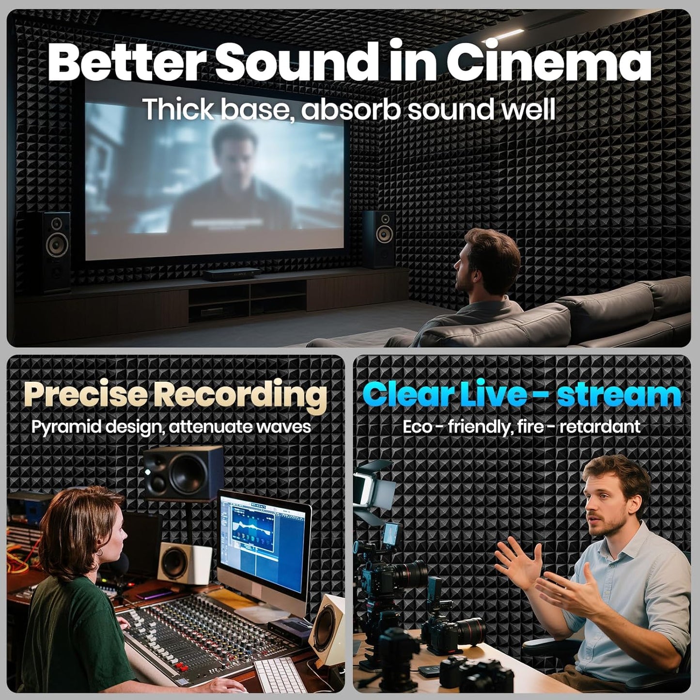 Acoustic Panels 50 Pack 2"x12"x12" with 300 PCS Double-Side Adhesive - Sound Proof Pyramid Foam for Walls, Home Studio Noise Absorption & Echo Control Kit