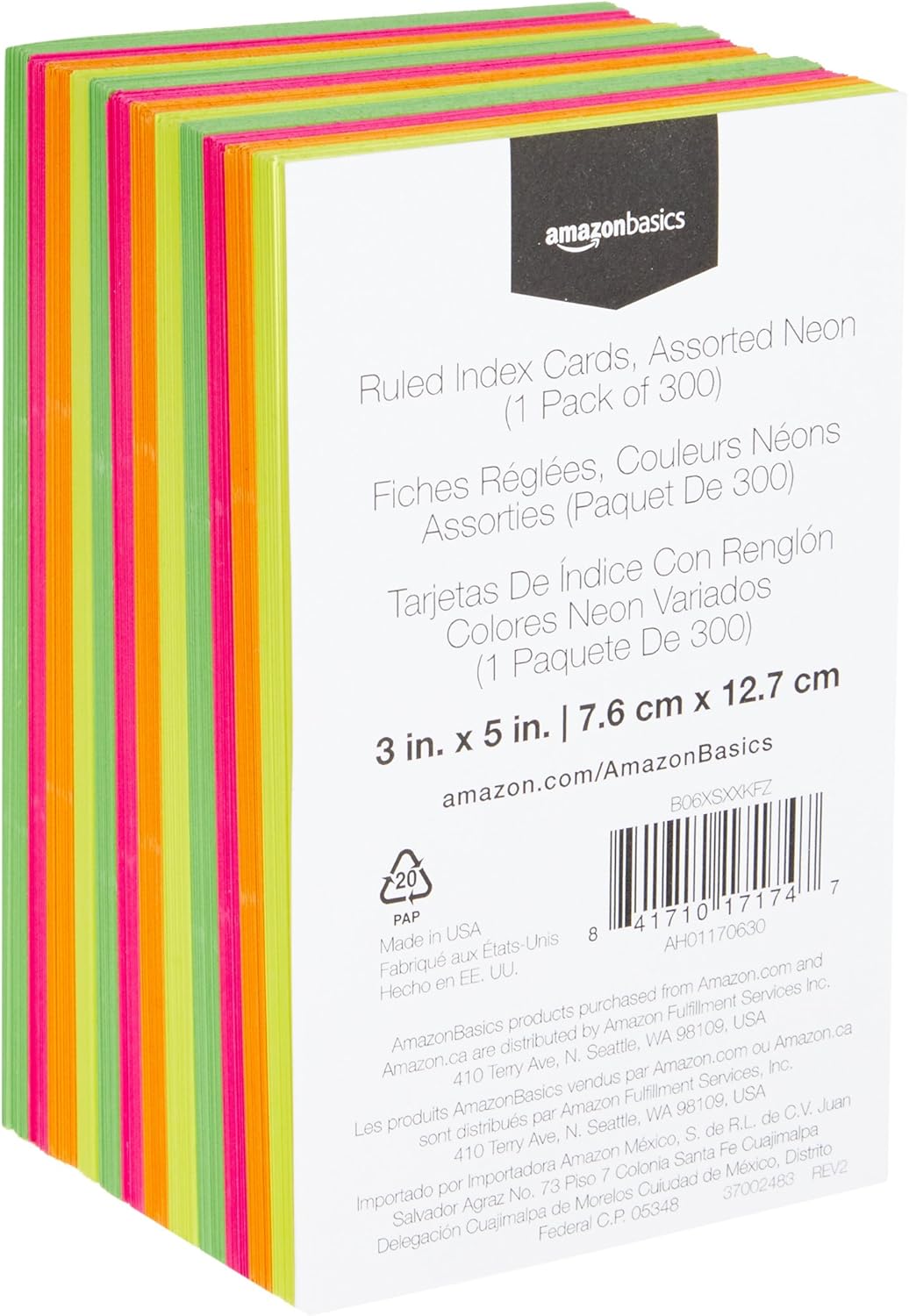 Amazon Basics Ruled Index Flash Cards for Studying and Note Taking, Assorted Neon Colored, 3x5 Inch, 300-Count