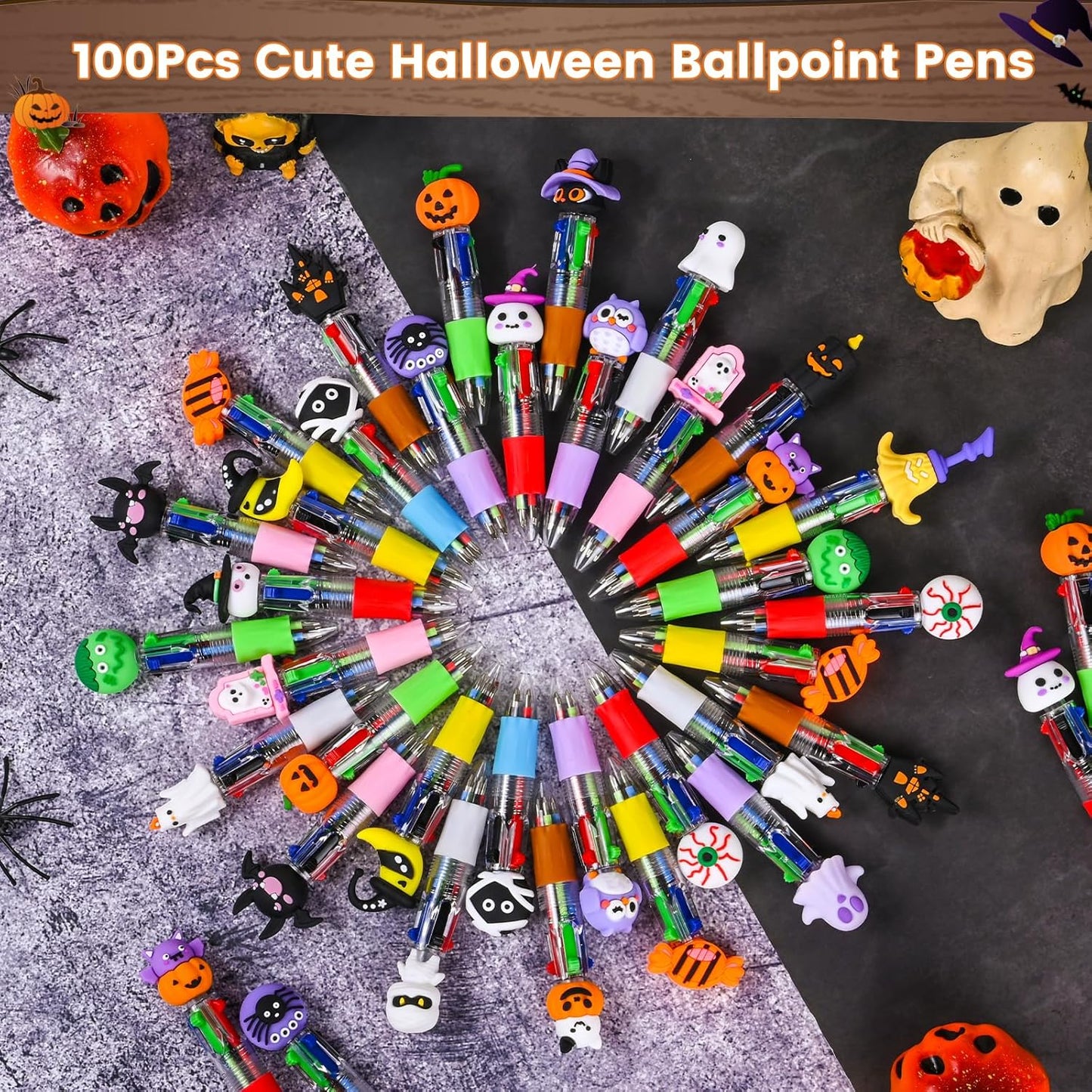 LiYiQ 50 Pcs Halloween Colorful Multicolor Pen in One Cartoon Cute Fun 4-in-1 Cute Pens Bulk Kawaii Pumpkin Ghost Bat Shape Cool Ballpoint Pens for Kids Fun Gifts