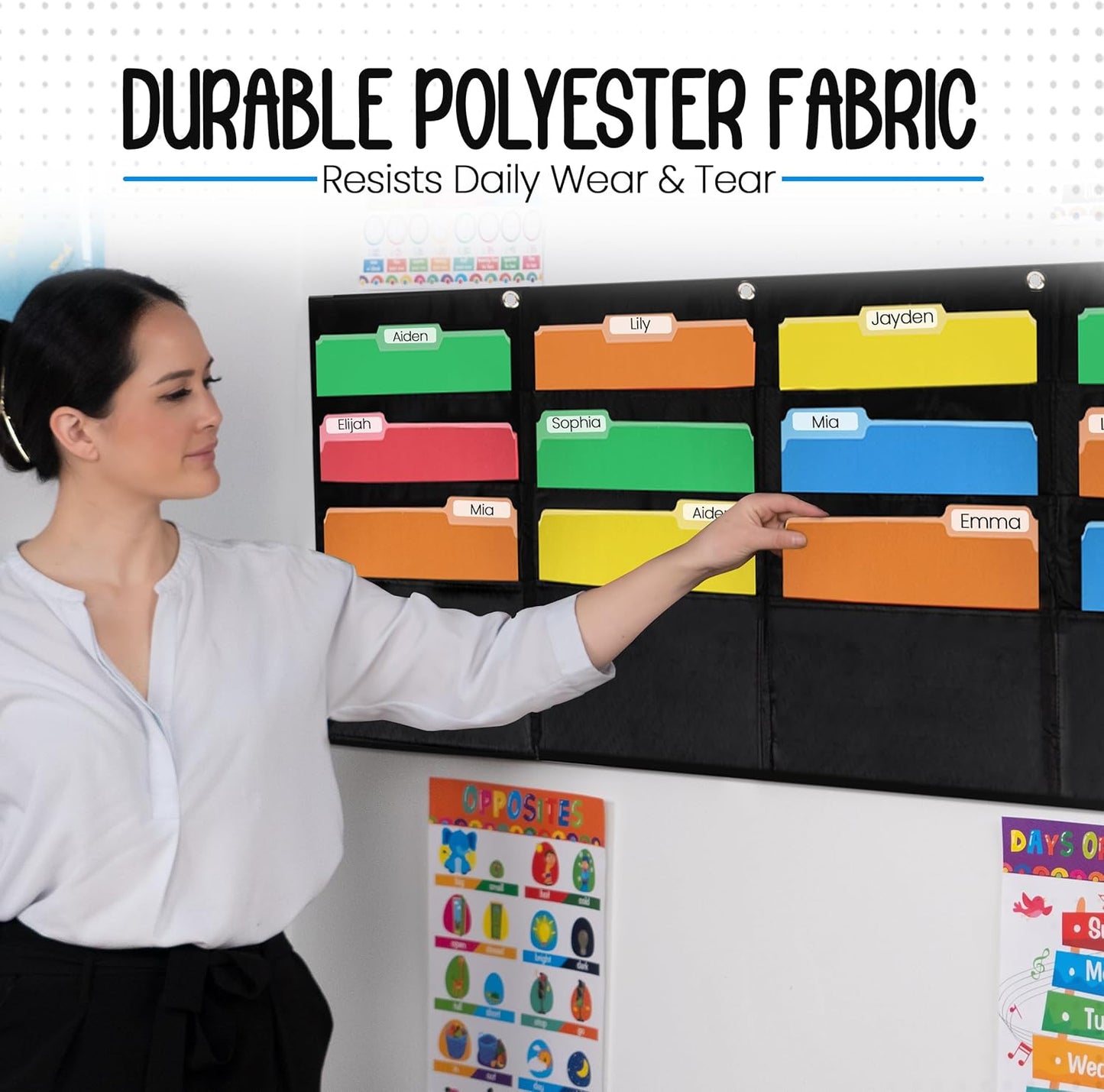 Essex Wares - 15 Pocket Horizontal File Hanging Paper Organizer for Letter Documents, Black, 68.4" Wide x 18.6" - Hanging Pocket File Organizer - Black Pocket Chart for Classroom & Office - 15 Pockets