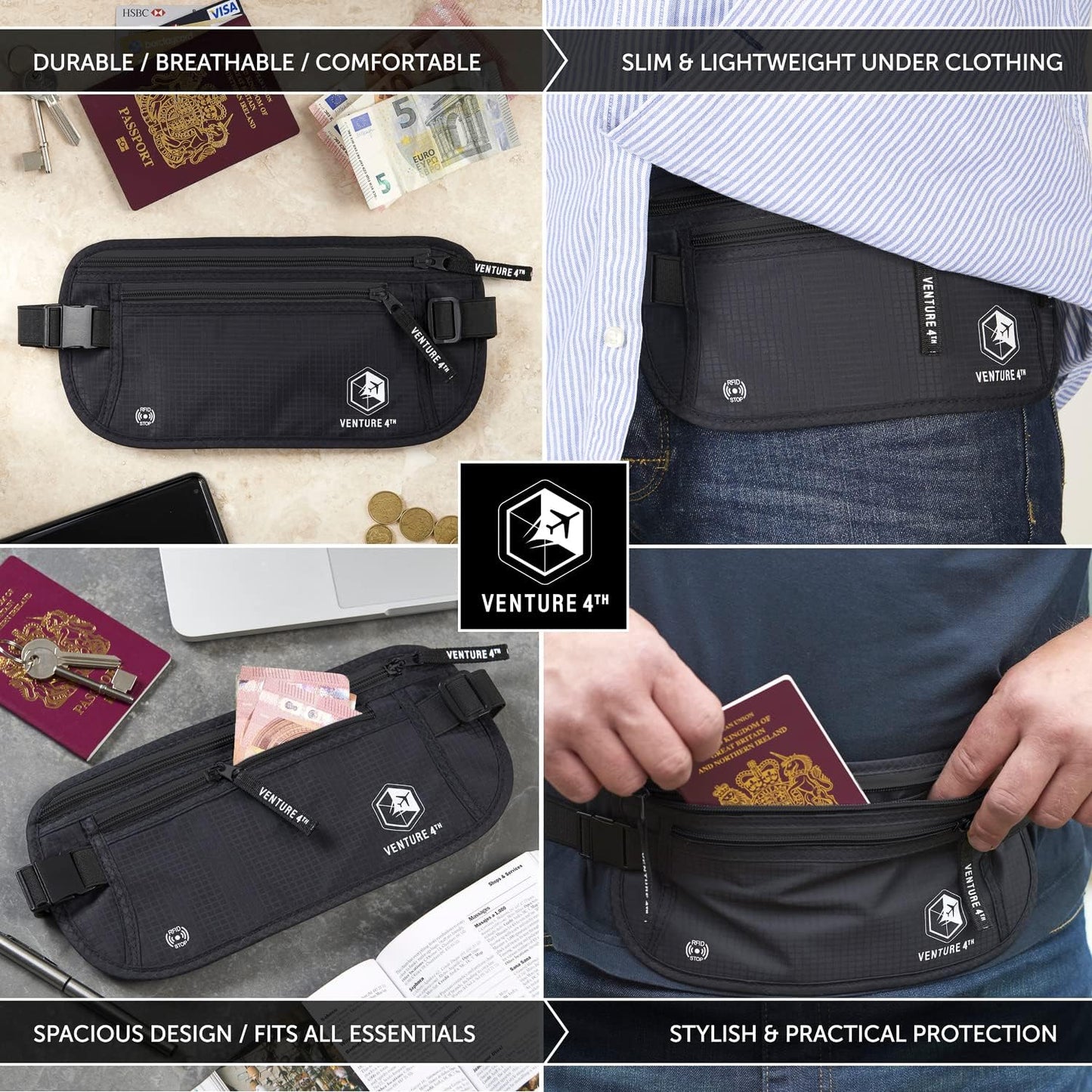 VENTURE 4TH Travel Money Belt - Slim Passport Holder RFID Blocking Travel Pouch to Protect Cash, Credit Cards and Travel Documents (Pure Black)