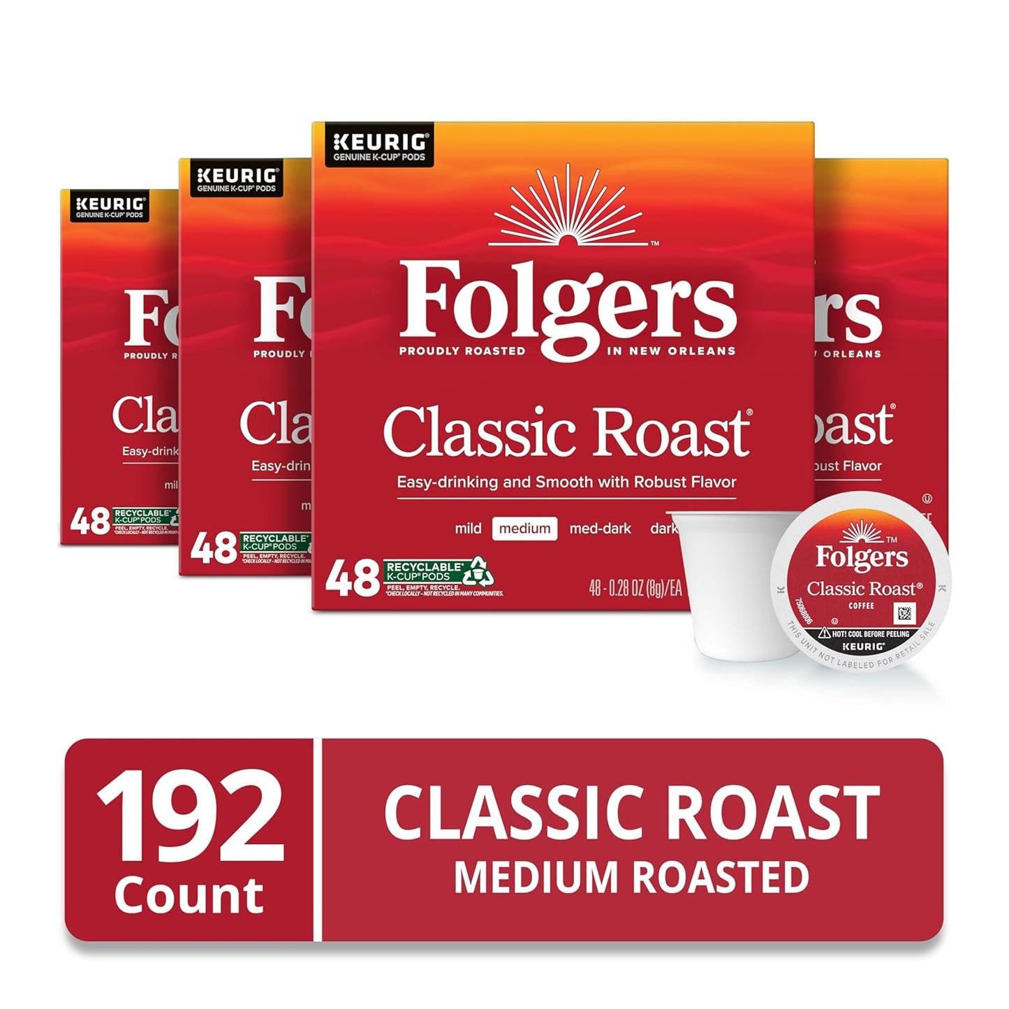 Folgers Classic Roast Medium Roast Coffee, 192 Keurig K-Cup Pods