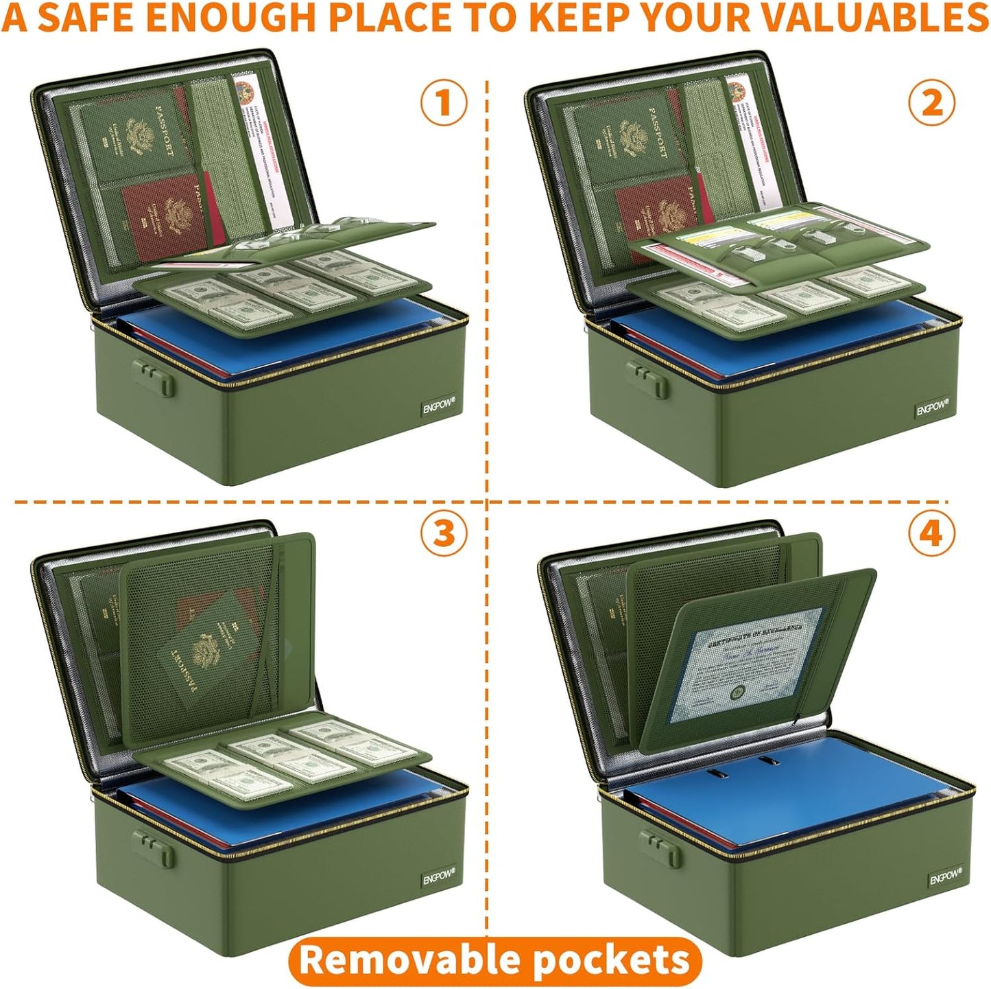 ENGPOW Fireproof Document Box, Hard Fireproof Box with Fireproof Zipper＆Lock, 6400°F Heat Insulated Fireproof Water Resistant File Organizer Storage Box Safe for Important Documents,Valuable,Green