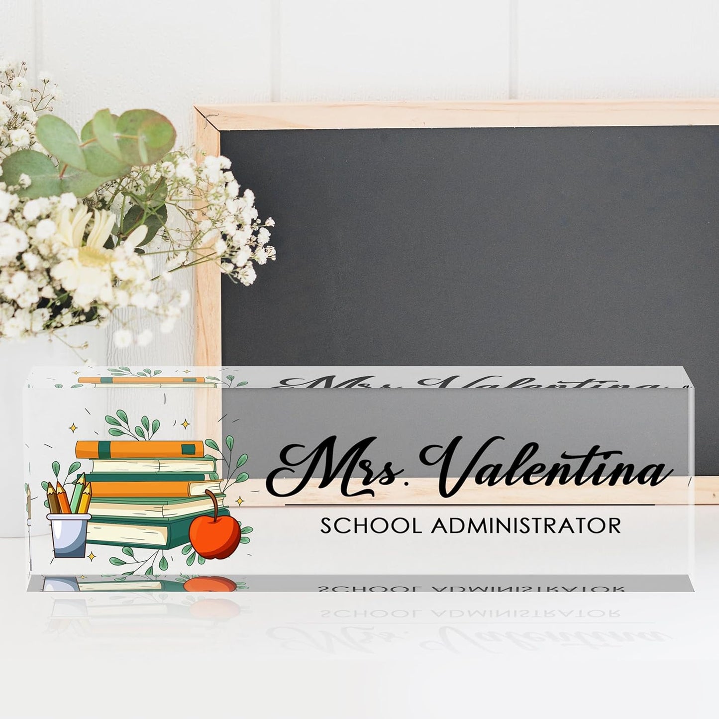 Teacher Name Plates for Desk, Desk Name Plate Personalized, Gifts for Teacher Boss Employee Appreciation Office Desk Decor (Book Apple)