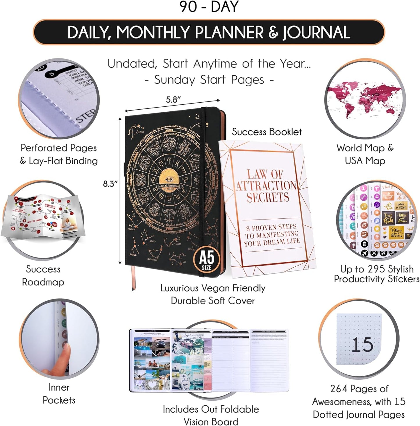 Manifestation Journal - 5 Minute Manifesting & Self Care Journal | 90-Day Undated Daily Planner for Positivity, Affirmations & Gratitude | Guided Mindfulness, Reflection | Vision Board + Stickers