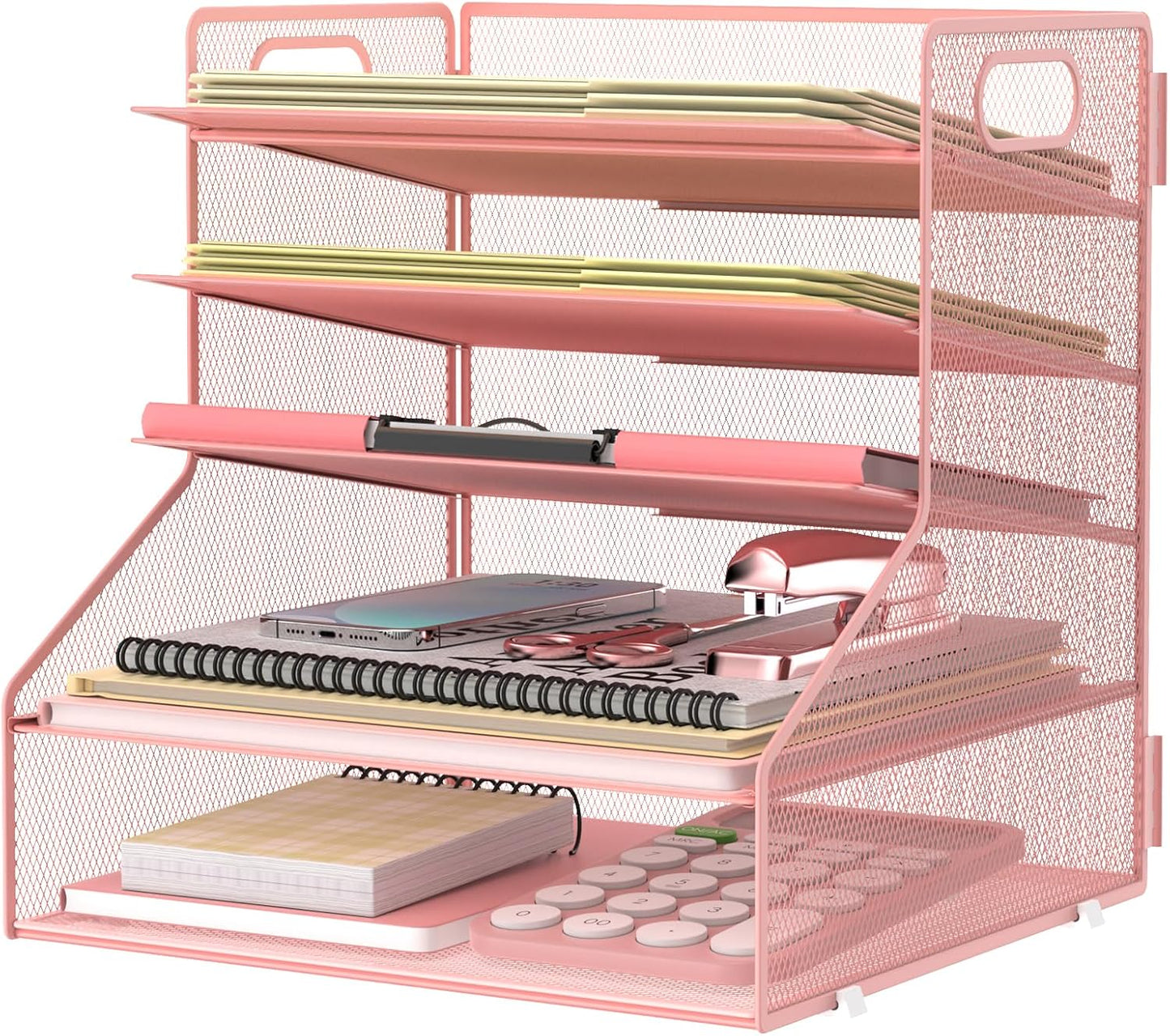 SUPEASY 5-Tier Desk File Organizer, Metal Letter Paper Tray, Desk Organizers and Accessories for Home Office Supplies, Pink
