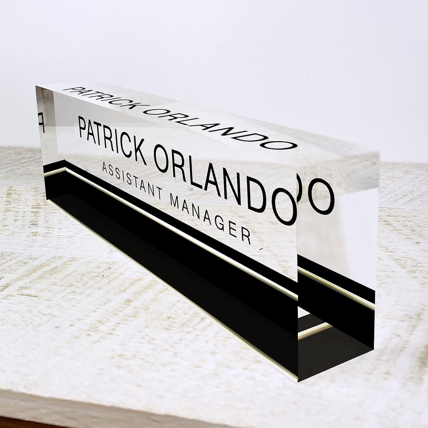 Artblox Office Desk Name Plate Personalized | Custom Name Plates for Desks on Acrylic Glass Decor | Office Desk Decor Nameplate | Desk Accessories | Black Stripe - (8" x 2.5")