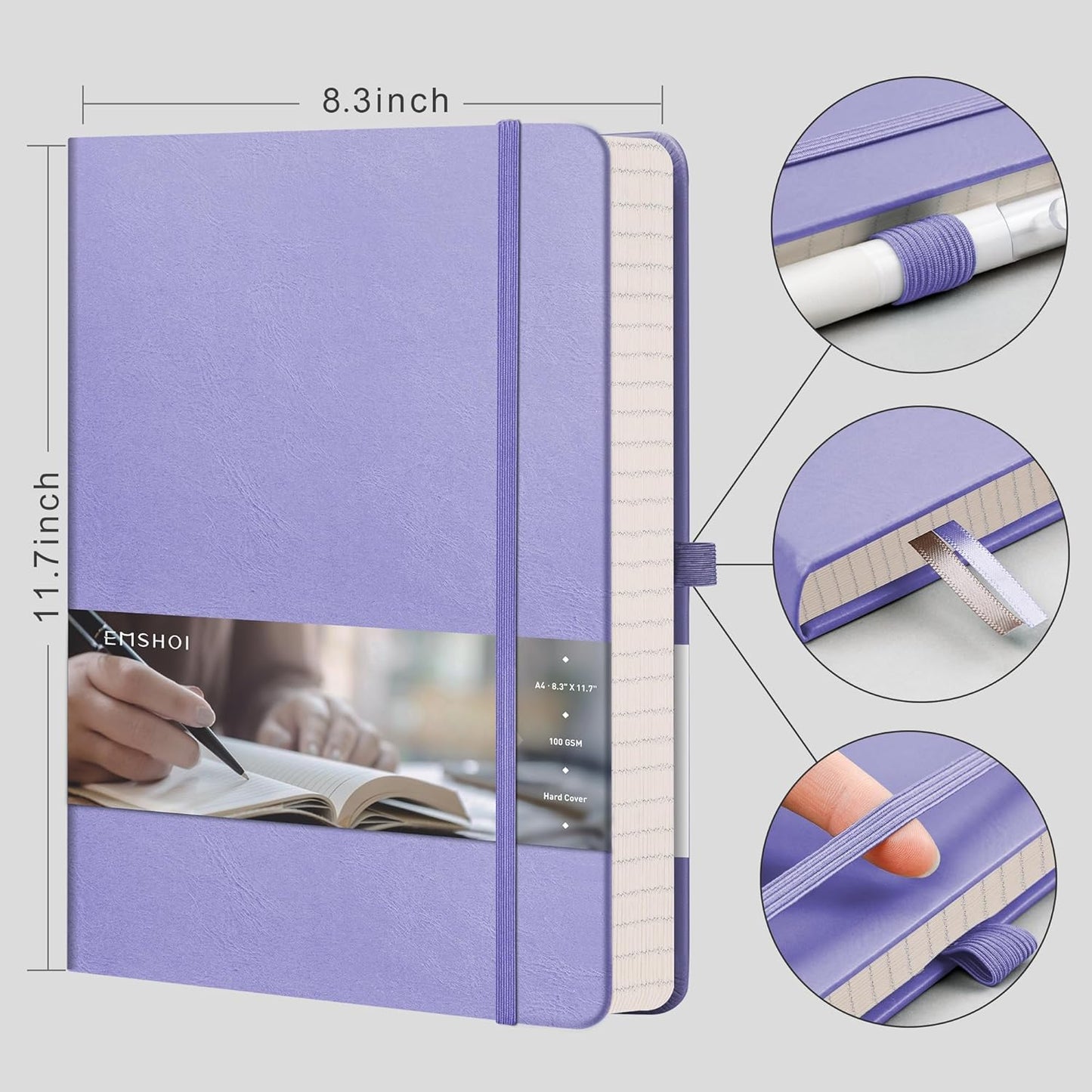 EMSHOI Lined Journal Notebook, 8.5" x 11" Hardcover Leather Journal for Women Men, 192 Pages 100 GSM Thick Paper A4 Large Journals for Writing, College Ruled Notebook for Work, Sticky Notes, Purple