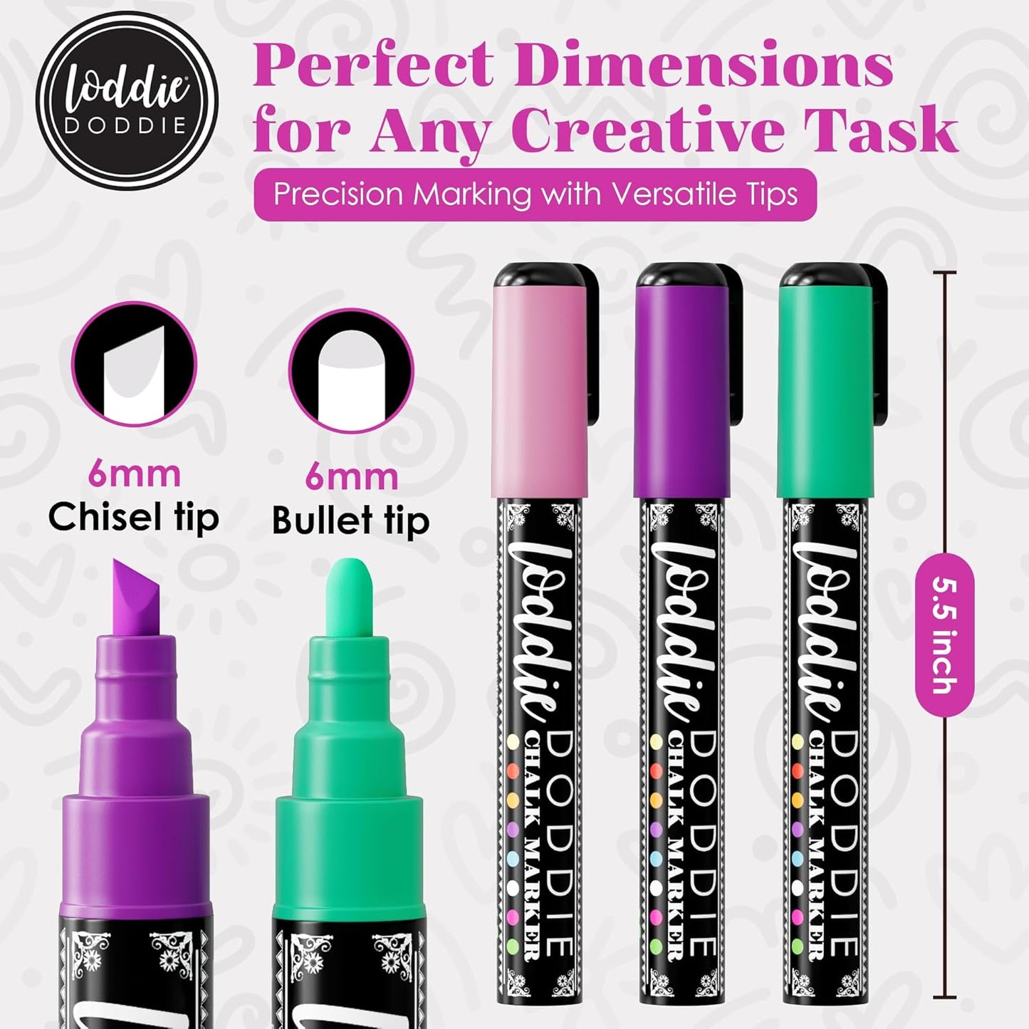 Loddie Doddie Chalk Markers - Pack of 16, 6mm Reversible Bullet & Chisel Tips - Non-Toxic Dust-Free Erasable Liquid Chalk Ink - Dry Erase Markers for Glass, Windows & Whiteboards
