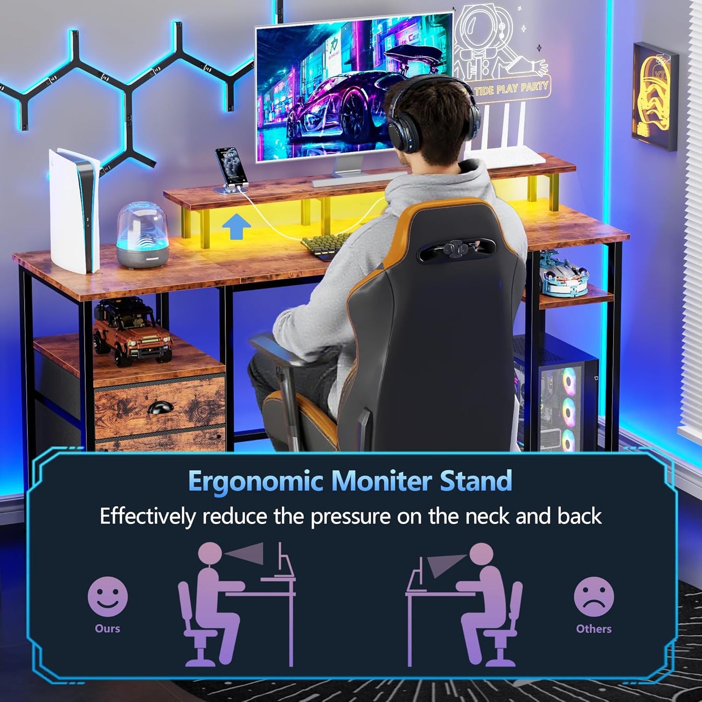 Furologee 61" Computer Desk with Power Outlet and LED Lights, Desk with Fabric File Cabinet Drawer, Large Reversible Table with Shelves and Monitor Stand, Writing Study Table for Home Office