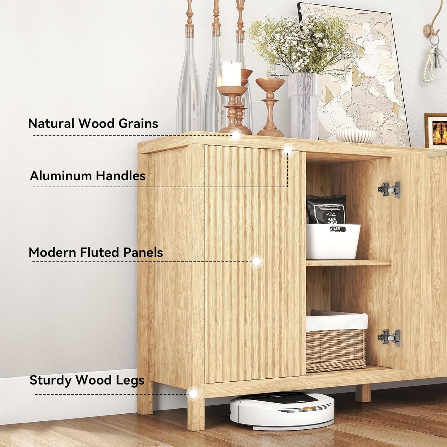 Real Relax Fluted Sideboard Cabinet, 4-Door Sideboard Buffet Cabinet with Storage, 55" Large Modern Credenza Adjustable Shelves, Buffet Table for Dining Room, Kitchen, Living Room, Natural Oak