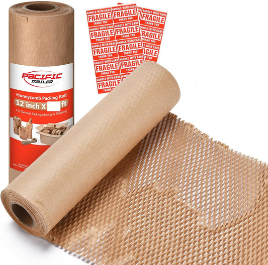 Honeycomb Packing Paper Pacific Mailer 12" x 65' Moving Paper Bubble Cushioning Wrap with 20 Fragile Sticker Labels