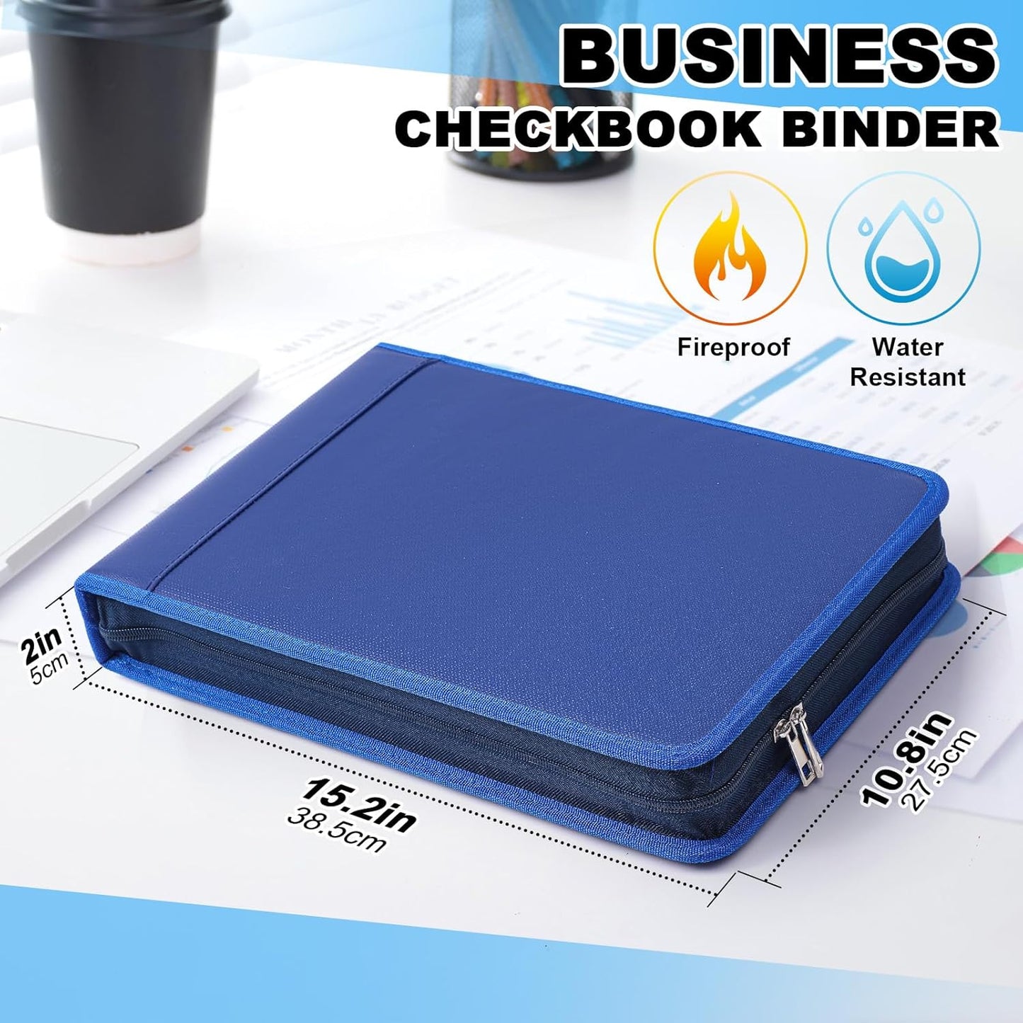 Henoyso 7 Ring Fireproof Business Checkbook Binder with Zipper 1.5 Inch D Rings Check Binder 9 x 13 Inch Checks 600 Sheets Capacity Built in Storage Organizer for Office Storage(Dark Blue,7 Ring)
