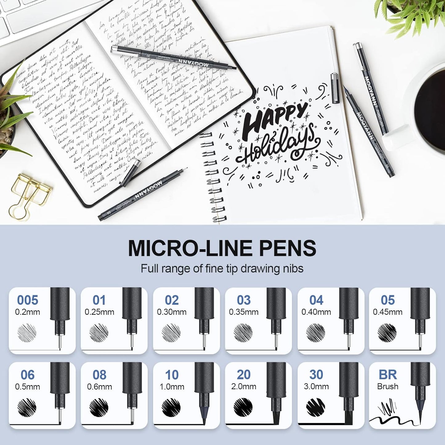 Mogyann Drawing Pens Black Art Pens for Drawing 12 Size Waterproof Ink Pens for Artists Sketching, Manga, Writing