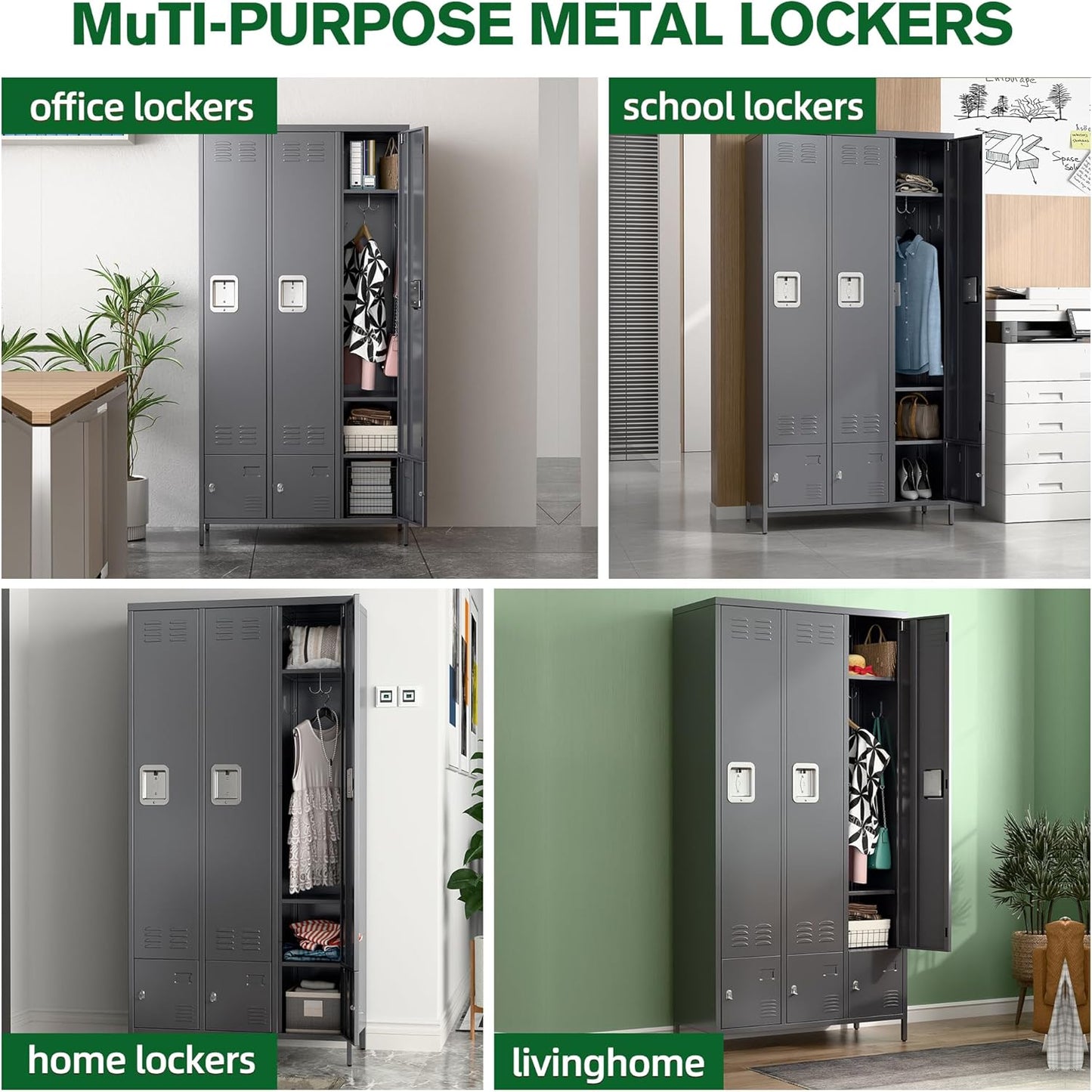 Metal Storage Locker with 3 Big Doors & 3 Small Doors, Lockers for Employees with Hooks for School Garage Office Gym Bedroom,Assembly Required,Dark Grey