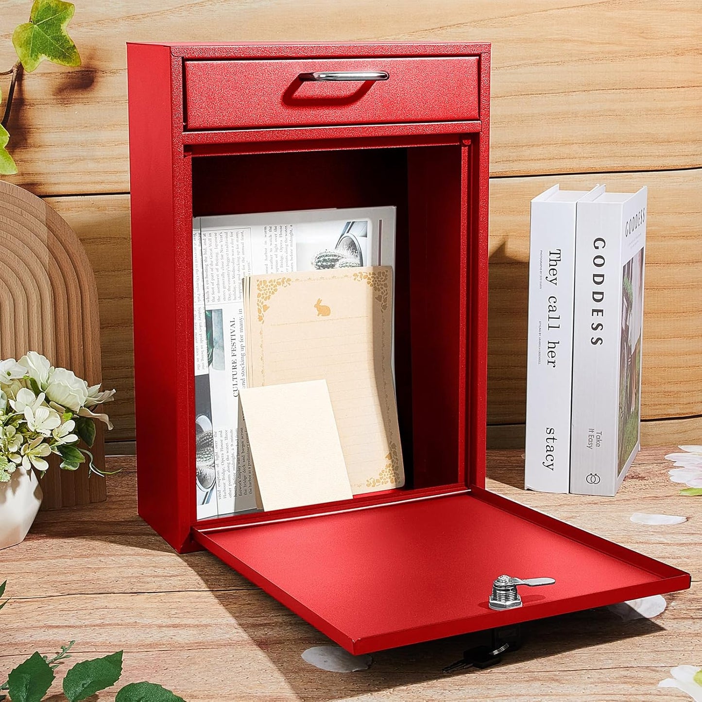 Locking Mailbox with Key for Outdoor 16.2 x 11.2 x 4.7 Inches Large Wall Mount Mail Box with Lock Security Mail Drop Metal Collection Boxes Hanging Secure Postbox(Red)
