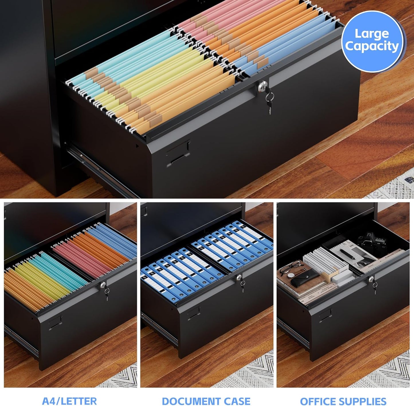 Aobabo 3 Drawer Wide Lateral File Cabinet, Metal Filing Cabinet with Lock, Suitable for Home Office School Hanging Files Letter/Legal/F4/A4 Size,Black,Required-Assembly,15.87" D x 28.94" W x 43.62" H