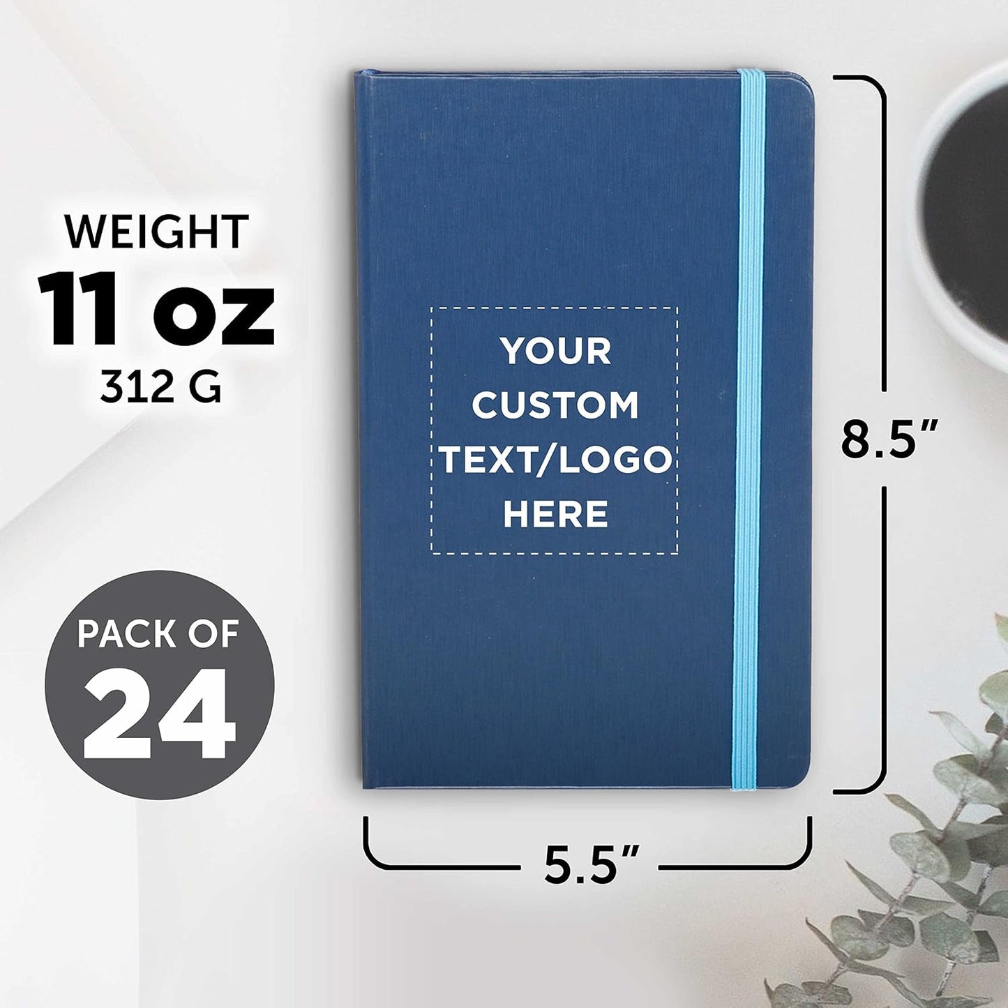 DISCOUNT PROMOS Custom Hardcover Notebook Journals with Elastic Colored Band Set of 24, Personalized Bulk Pack - Perfect for School, Office, Home - Blue
