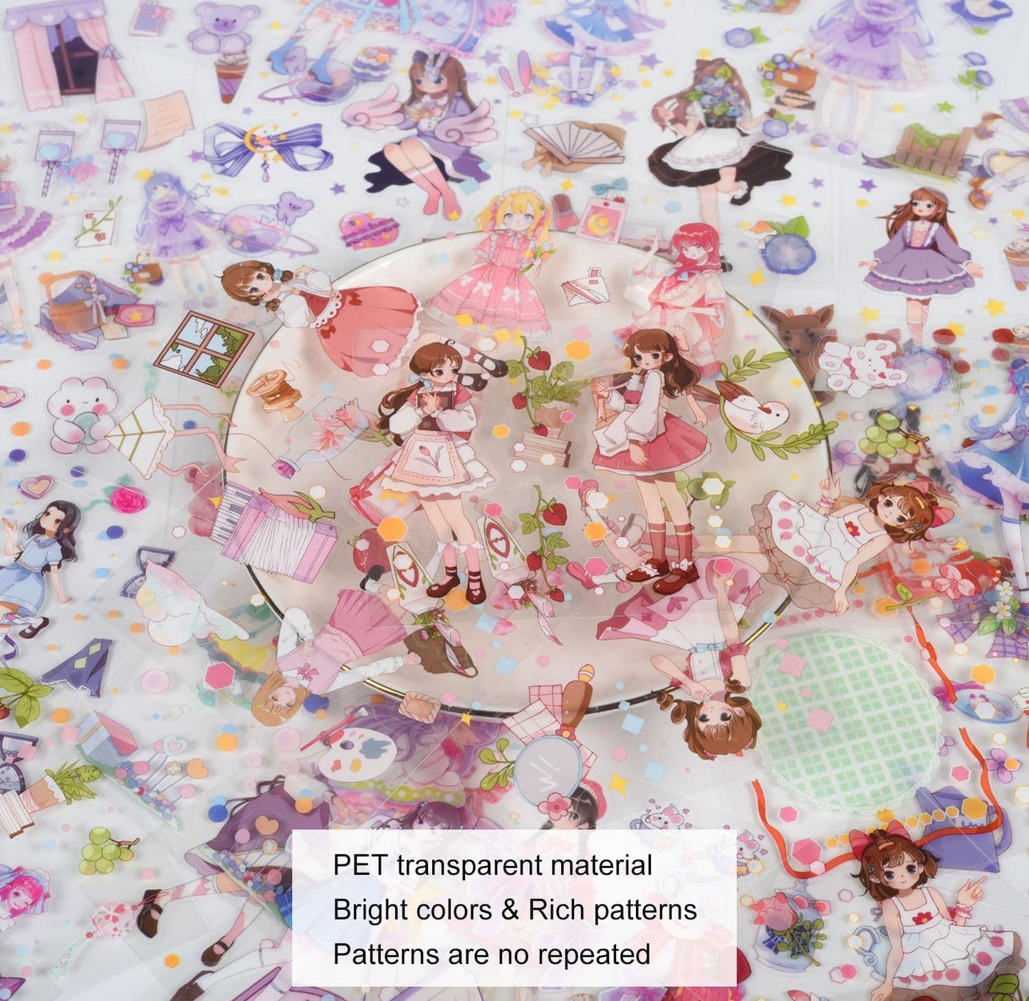 EAMOTOL 100 Sheets Kawaii Girls Stickers Kit for Journaling - Cute Sweet Cartoon PET Transparent Collage Scrapbooking Supplies Sticker Decal for Junk Journals Handbook Laptop Cards DIY Arts Crafts
