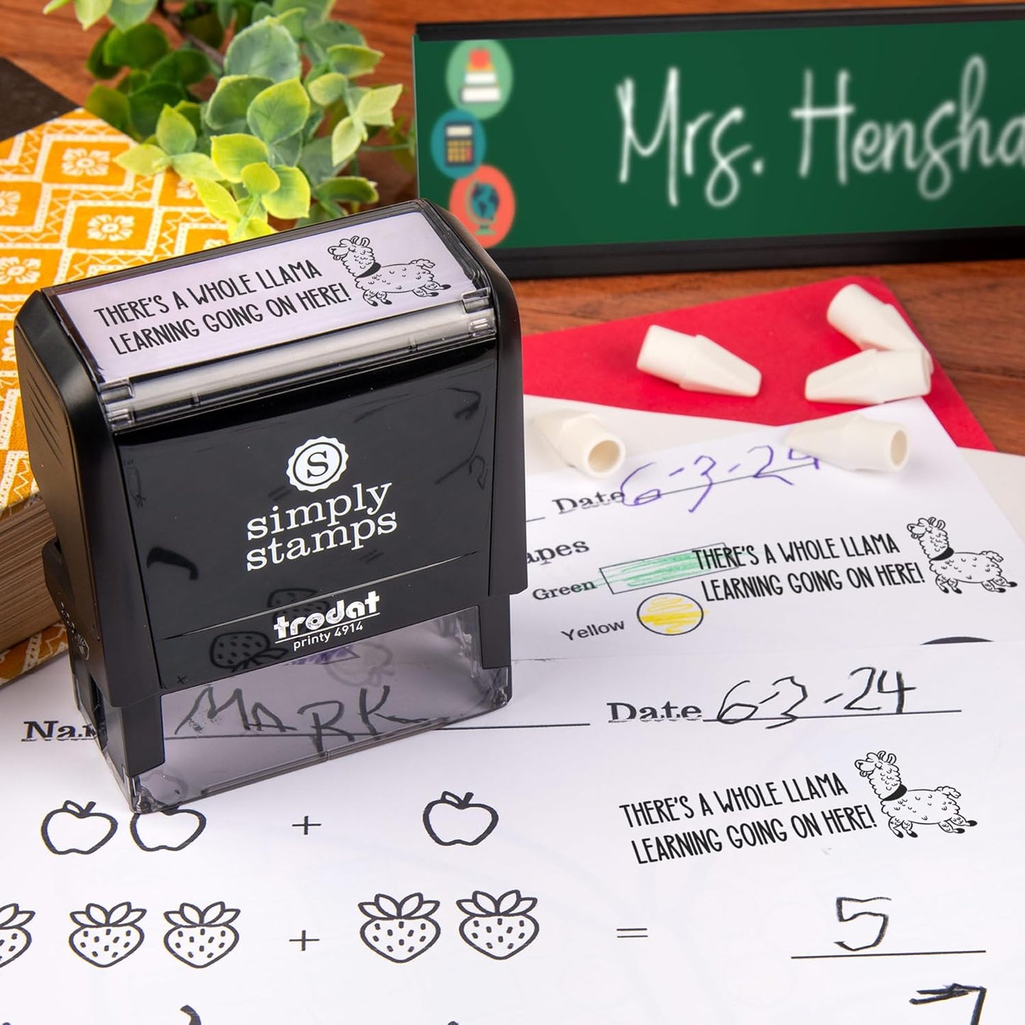 Custom Self-Inking Stamps | 49 Designs | Fun Phrases | Grading Made Easy | Classroom, Library Book Stamps (Whole Llama Learning, Xtra Large)