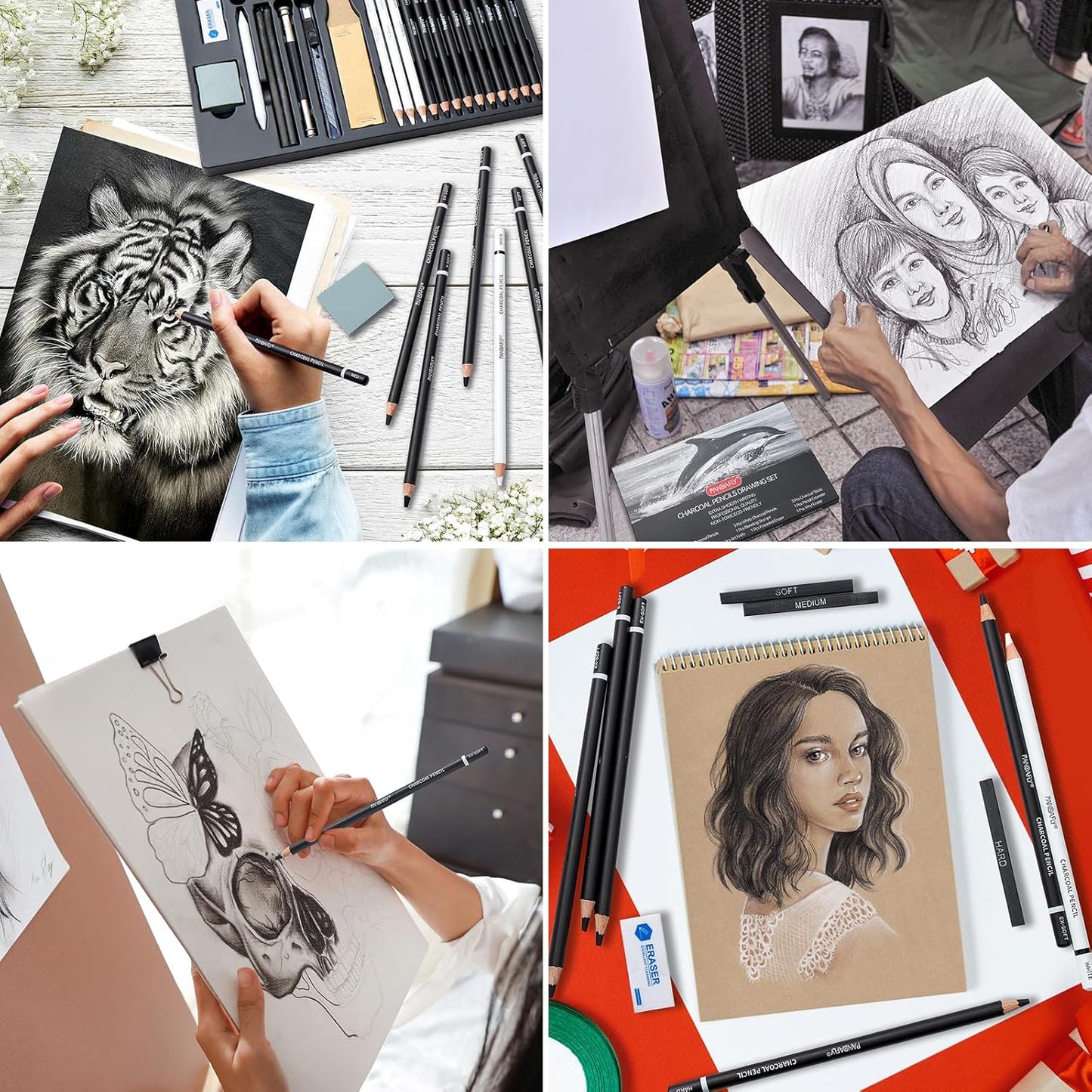 PANDAFLY Charcoal Pencils Drawing Set, 24 Piece Black & White Charcoal Pencils for Drawing, Sketching, Shading, Blending, Artist Pencils for Kid, Beginners & Pro Artists