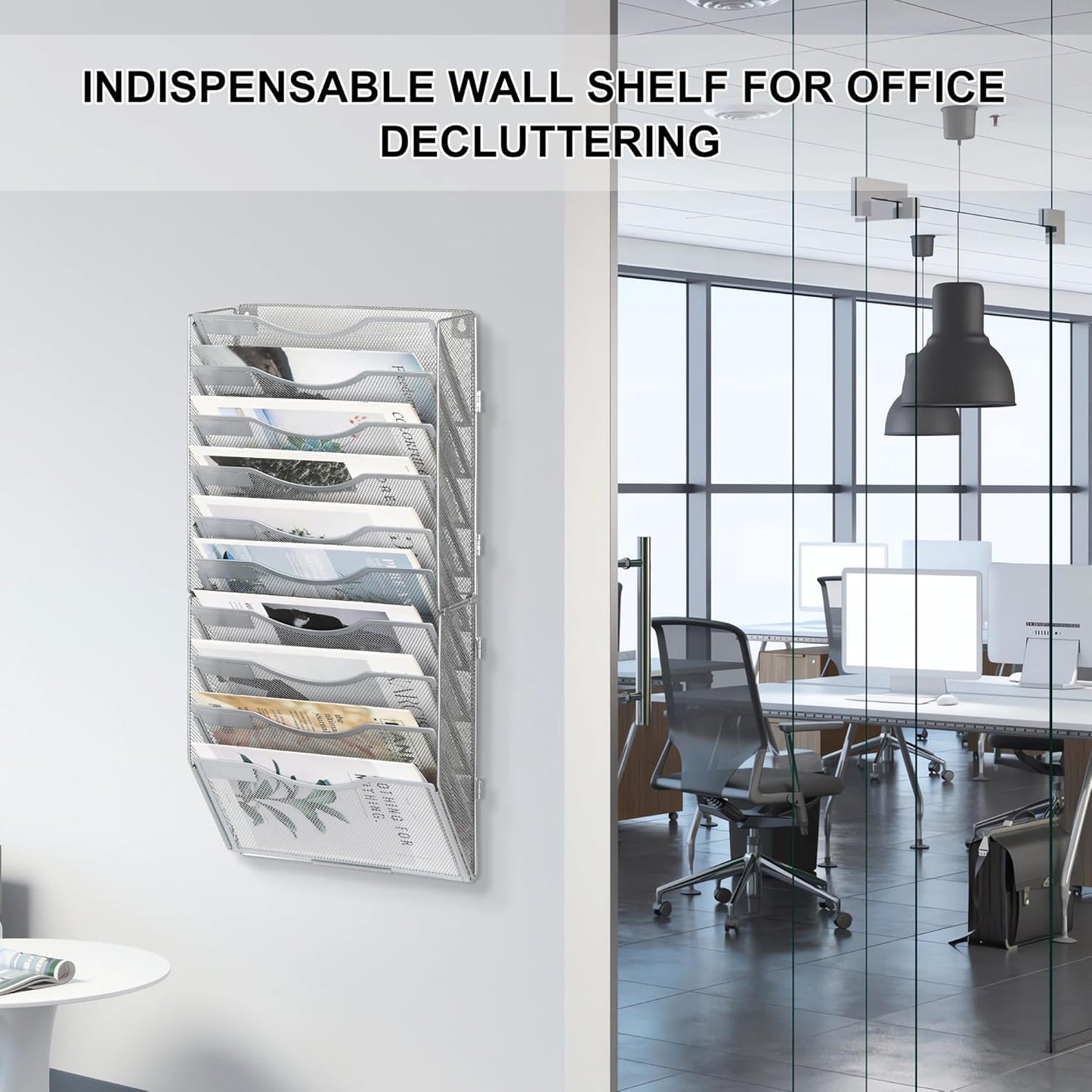EasyPAG Wall File Holder Organizer 10 Pocket Mesh Hanging Wall Mounted Document Paper Folder Filing Magazine Rack with Nametag Label for Office Home School, Sliver