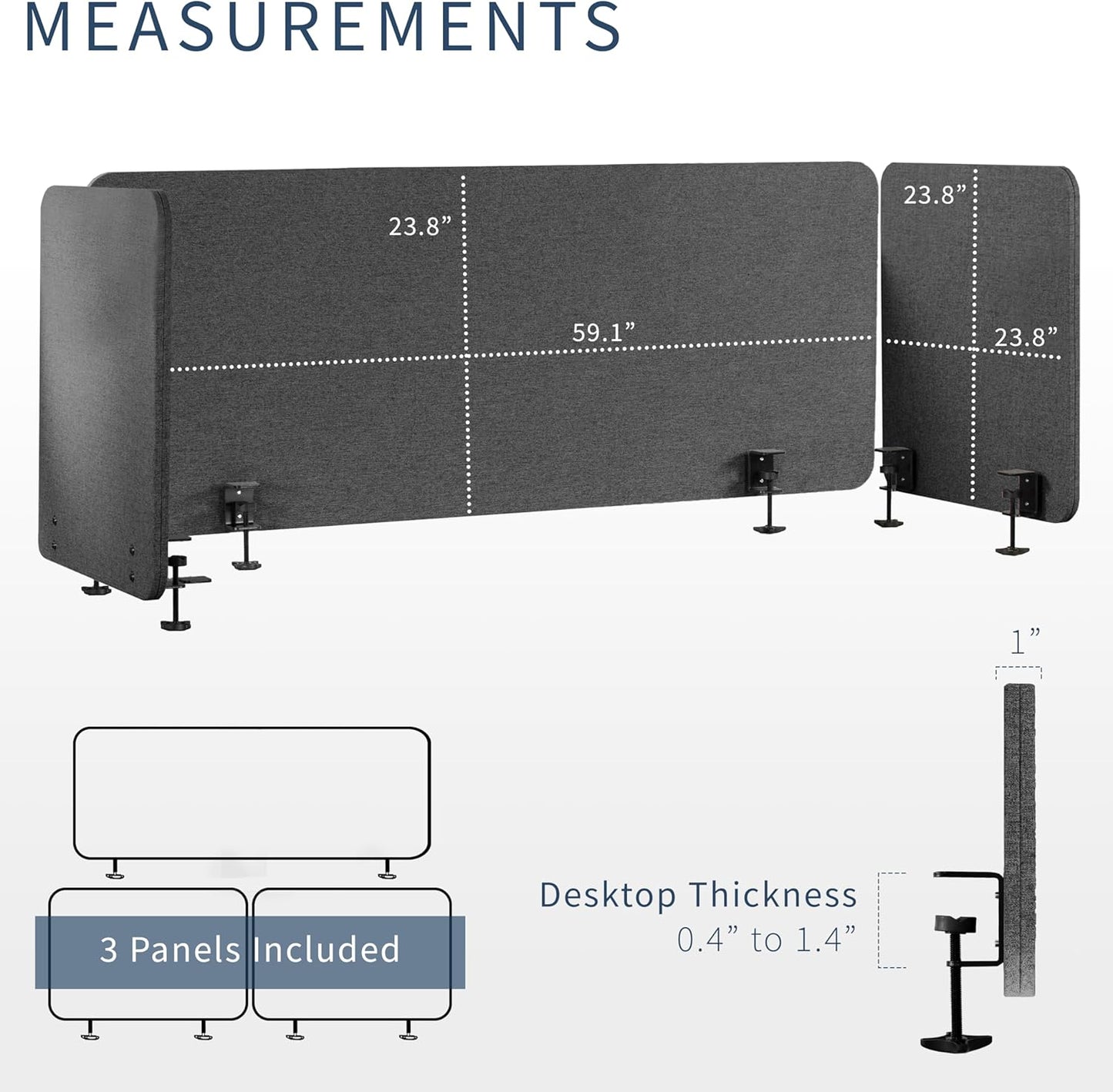 VIVO Clamp-on Privacy Panels 60 x 24 inch (x1), 24 x 24 inch (x2), Sound Absorbing Cubicle Desk Dividers, 3 Acoustic Partitions, Dark Gray, PP-3-V108D