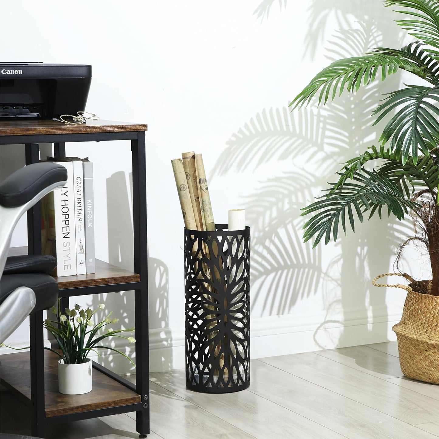 SONGMICS Umbrella Stand, Umbrella Holder for Entryway, Steel Round Umbrella Rack Freestanding, for Canes Walking Sticks, with a Detachable Drip Tray, 2 Long and 2 Short Hooks, Matte Black ULUC022B01