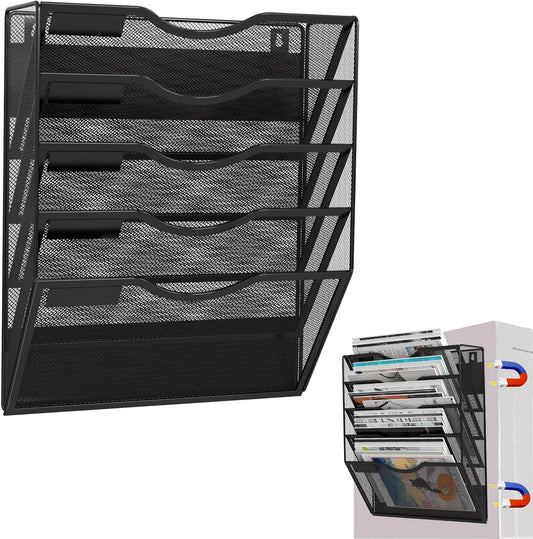 5-Tier Magnetic File Holder, No Drilling Installation File Cabinet Organizer, Black Magnetic File Organizer, Magazine Rack, Magnetic Paper Holder for Refrigerator, File Cabinets, Whiteboard