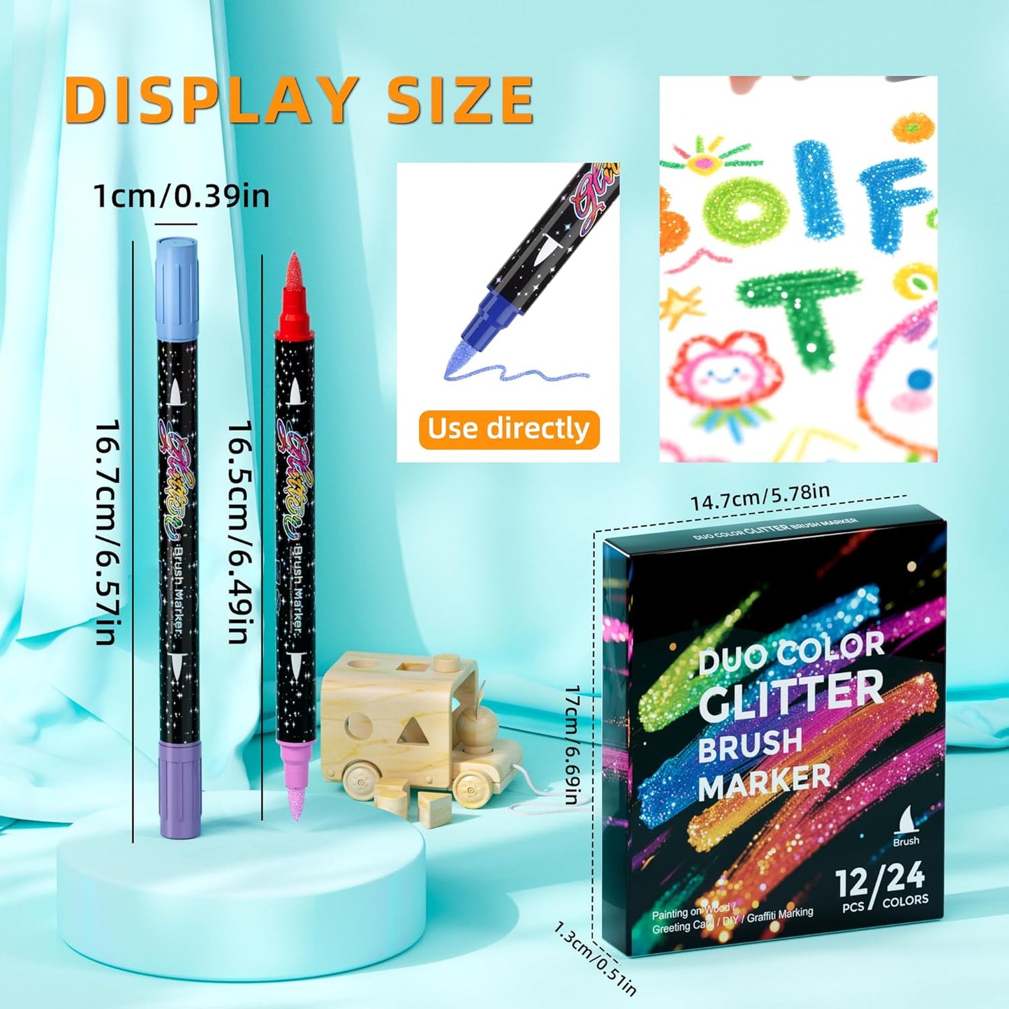 24 Colors Dual-tip Watercolor Markers, 12 Pack Glitter Brush Markers, Water-based Ink Sparkle Pen,Glitter Paint Pens for Adults Coloring,DIY Crafts,Doodle Writing, Art Crafts Gifts