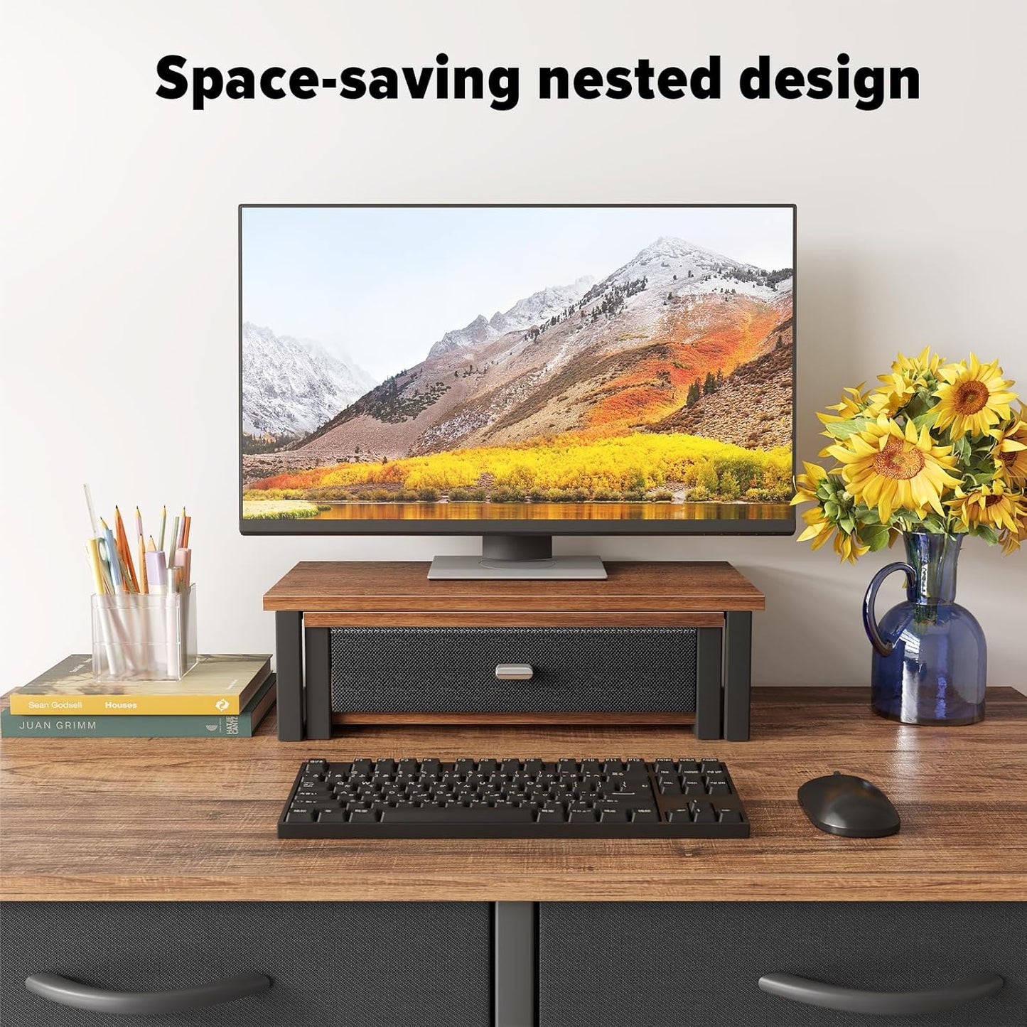 WOHOMO Dual Monitor Stand Riser with Drawers, Desk Organizers for 2 Monitors, Desktop Storage Stand for Computer,Laptop,Walnut