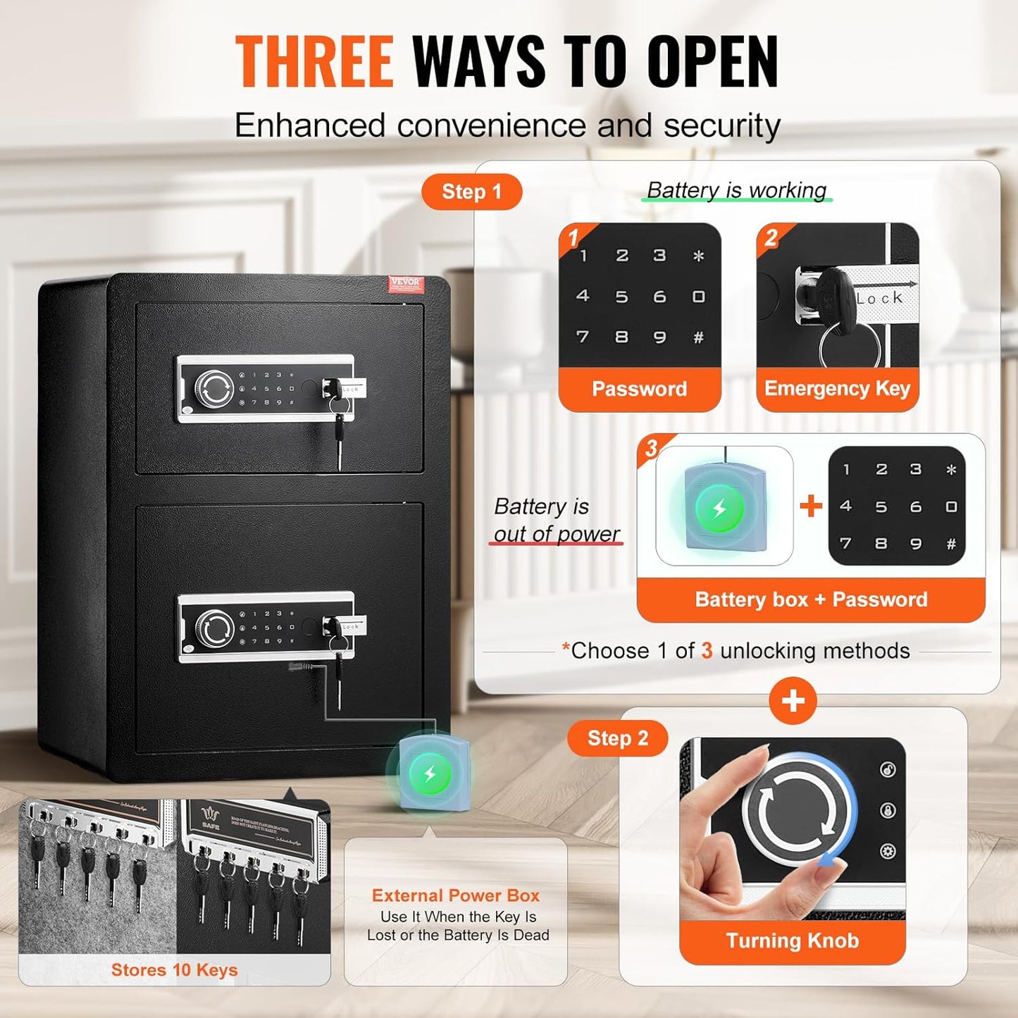 VEVOR Double Doors 3.5 cu.ft Safe Box with Key Lock & Password, Safe Lock Box with Fireproof Bag, Key Rack, LED Light and 2 Height Adjustable and Removable Divider for Money, Jewelry and Valuables