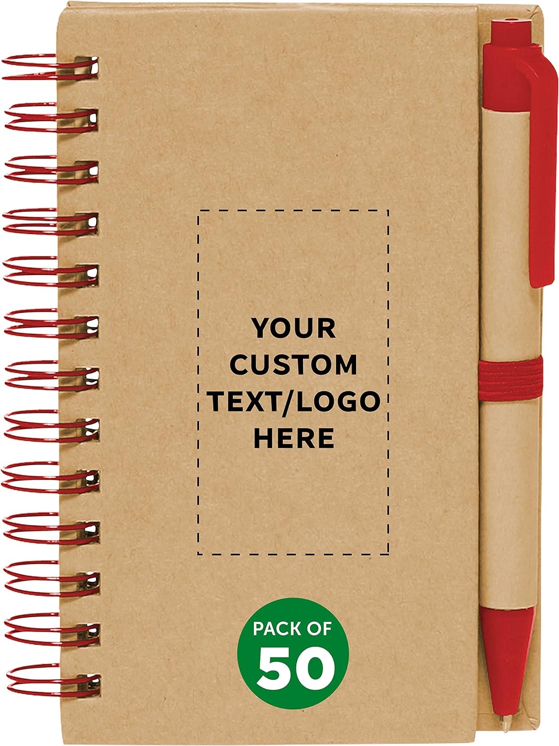 Custom Mini Spiral Notebooks with Black Ink Pens Set of 50, Personalized Bulk Pack - Perfect for School, Office, Business, Home - Red