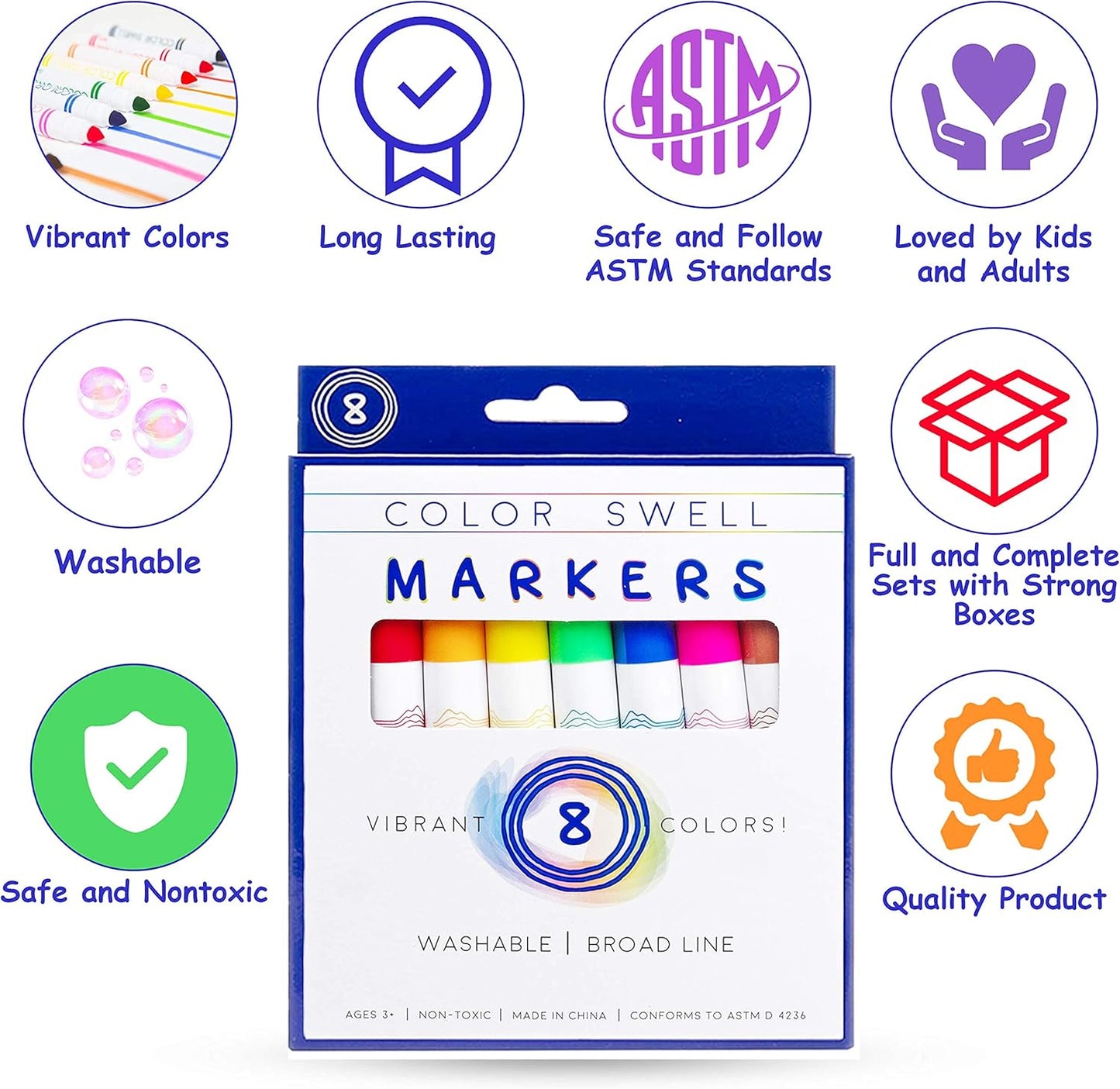 Color Swell Washable Bulk Markers - 18 Boxes of 8 Vibrant Colors (144 Total) Perfect for Kids, Parties, Classrooms - Broad Line Markers