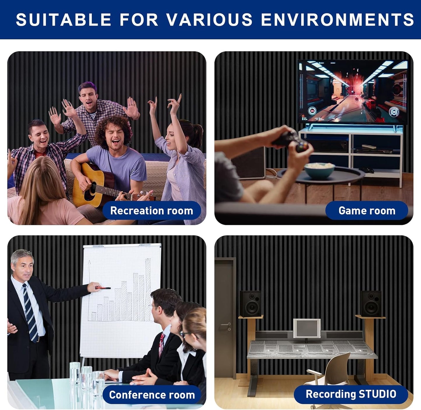 Acoustic Foam Panels, 48 x 24 x 2 inches, 2 Pack Soundproof Foam Wall Panels High Density Noise Canceling Studio Foam for Echo Absorption Home Office (Black 2 Pack, 48" x 24" x 2")