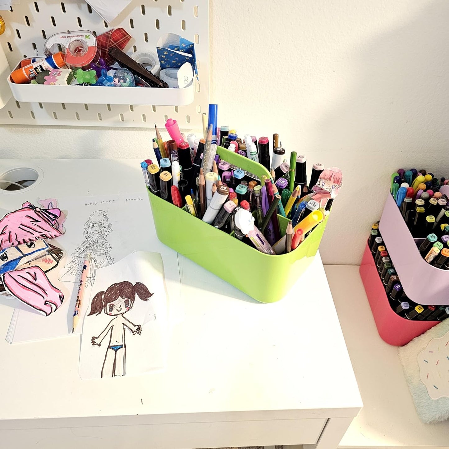 Small Stackable Plastic Caddy with Handle 6 Compartment | Desk, Makeup, Dorm Caddy, Classroom Art Organizers - 4 Pack, Made In USA (Green)