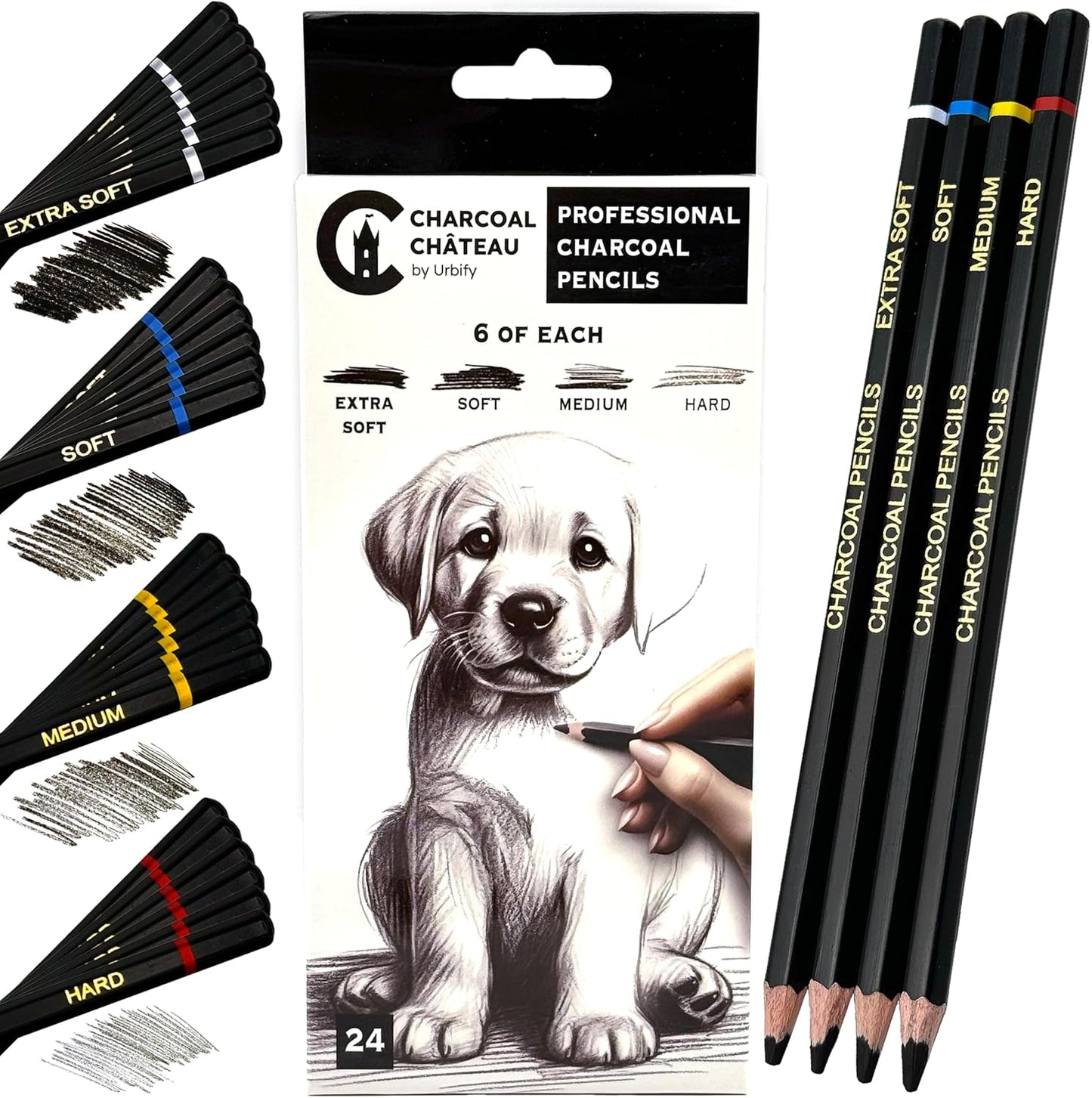 Charcoal Château - 24 Charcoal Pencils - Four Professional Hardness Levels - Perfect for Rich Shading, Sketching, Drawing & Art (24PCs)