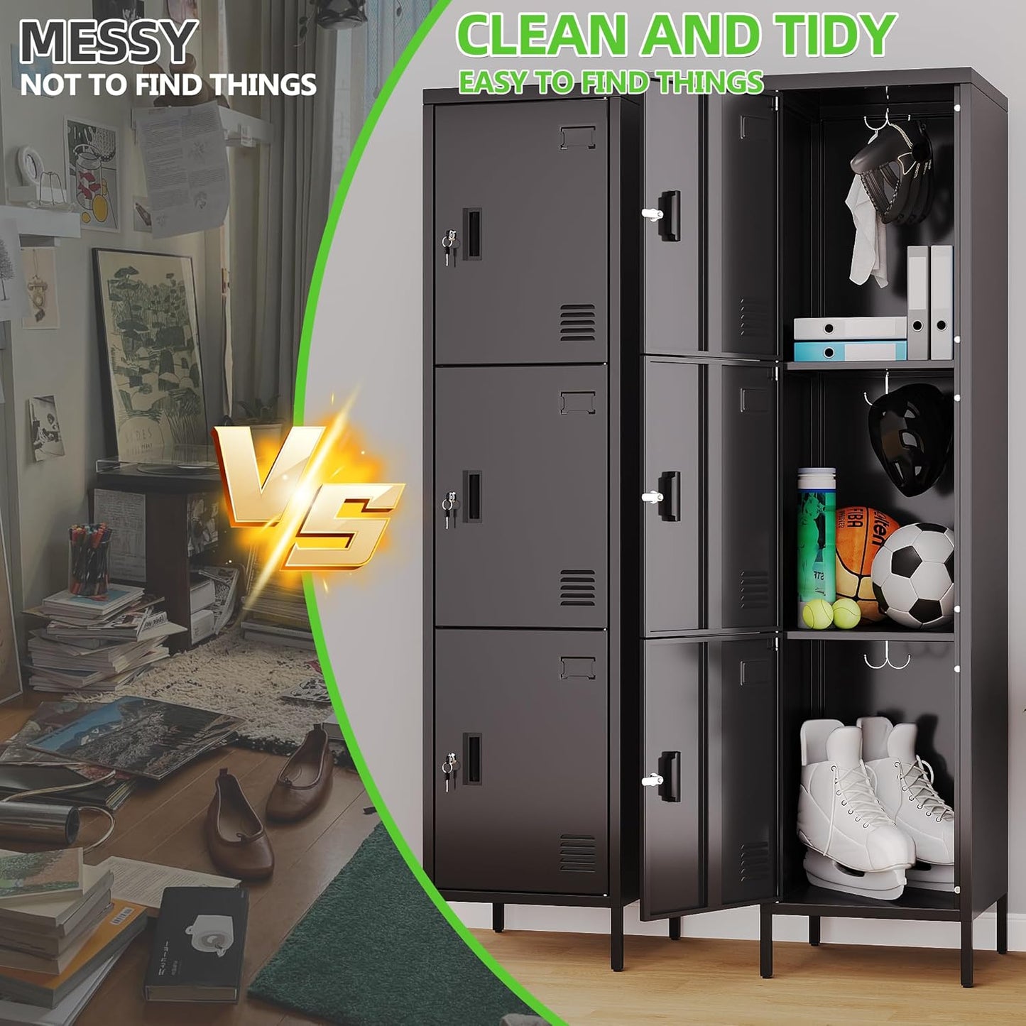 Aobabo 16" W 3 Door Metal Storage Locker with Lock, 66" H Steel Locker with Name Card Holder and Metal Hook for School, Home, Office, Playroom, Assembly Required, Black