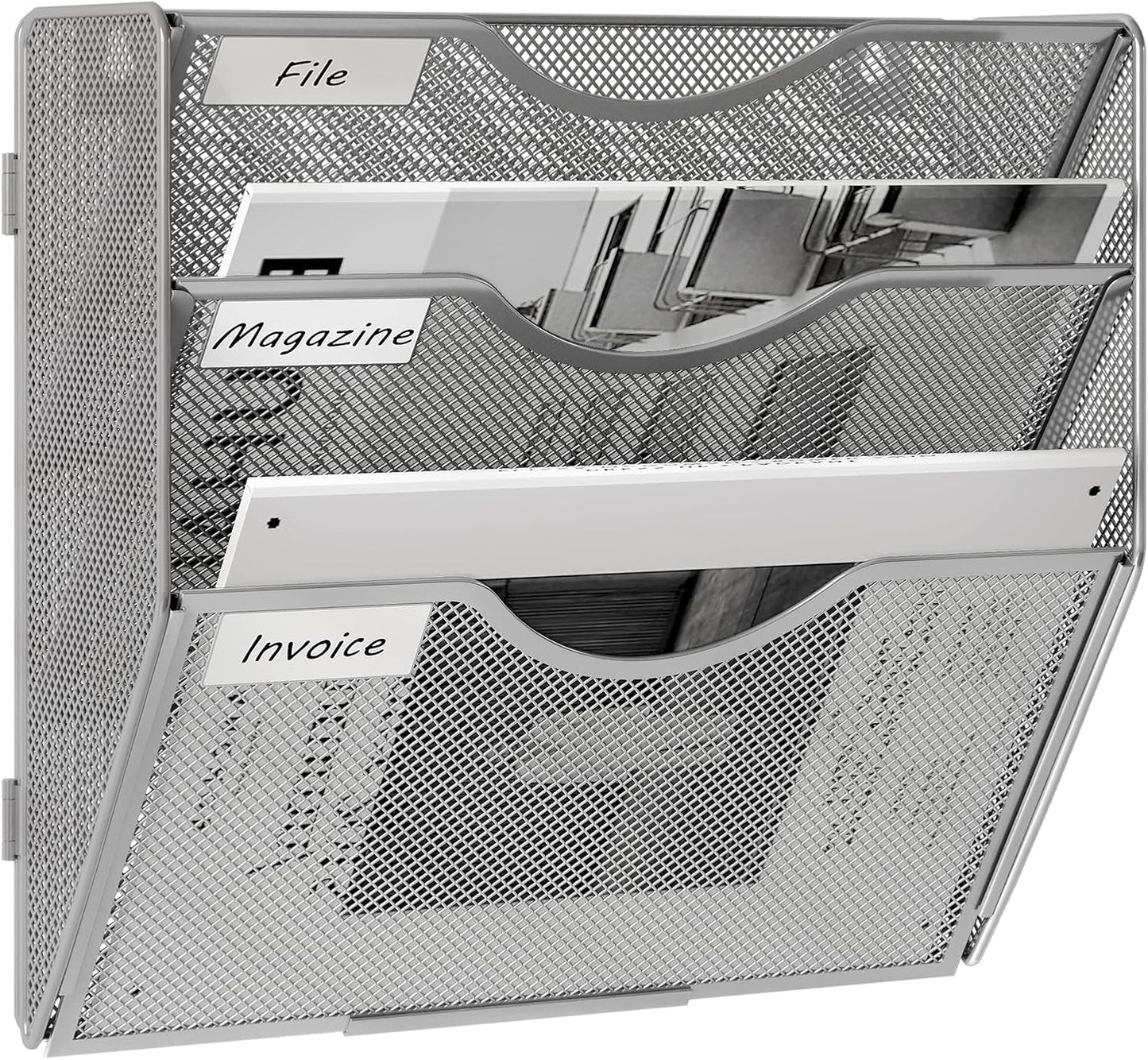 EasyPAG Wall File Holder Organizer 3 Pocket Mesh Hanging Wall Mounted Document Paper Folder Filing Magazine Rack with Nametag Label for Office Home School, Sliver
