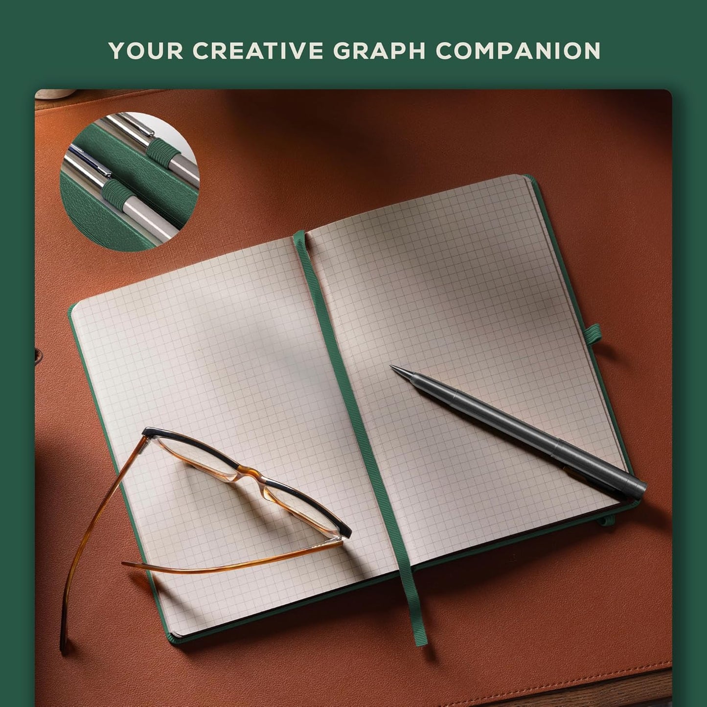 BEECHMORE BOOKS Graph Paper Notebook - Regular, Green | Premium Square Grid Math & Science Journal | 5.75" x 8.25" Hardcover Vegan Leather | Thick 120gsm Cream Graph Paper | Gift Box for Men & Women