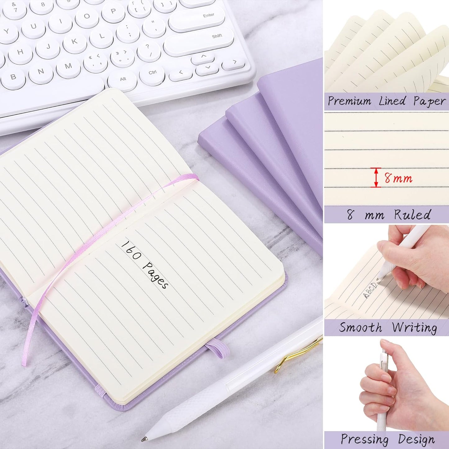 Aodaer 50 Sets Pocket Notebook Journal with Pens, 160 Pages, 3.5 x 5.5 Inch Mini Lined Journal Notebook A6 Leather Hardcover College Ruled Notepad with Pen Holder for School Office Gifts, Lavender