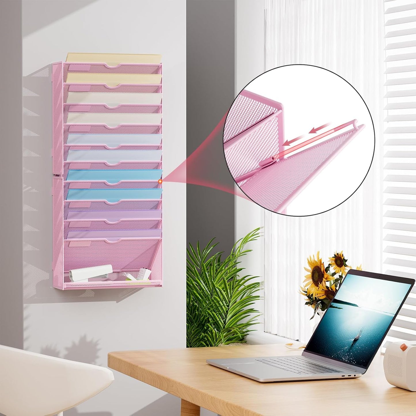 Marbrasse Wall File Holder 11-Tier Hanging Wall File Organizer, for Papers, Files Clipboard & Magazine Organizer, Wall Mount File Holder Great for Office Home (Pink)