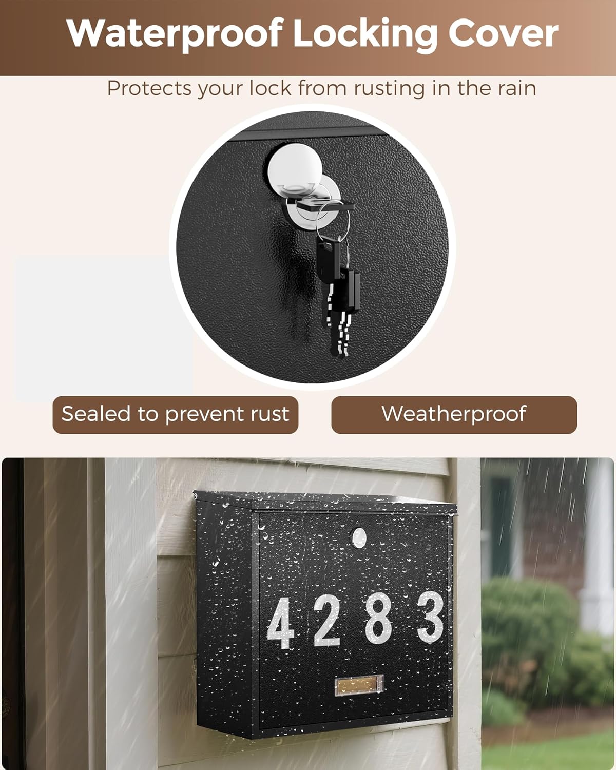 LAND·VOI Locking Wall-Mount Mailbox for Outside, with 4 Keys, Galvanized Steel Rustproof Metal Postbox, 4" Dx13.8 Wx11.2 H, Includes 3 Sets of Mailbox Numbers, Nameplate, Black, AMB33B